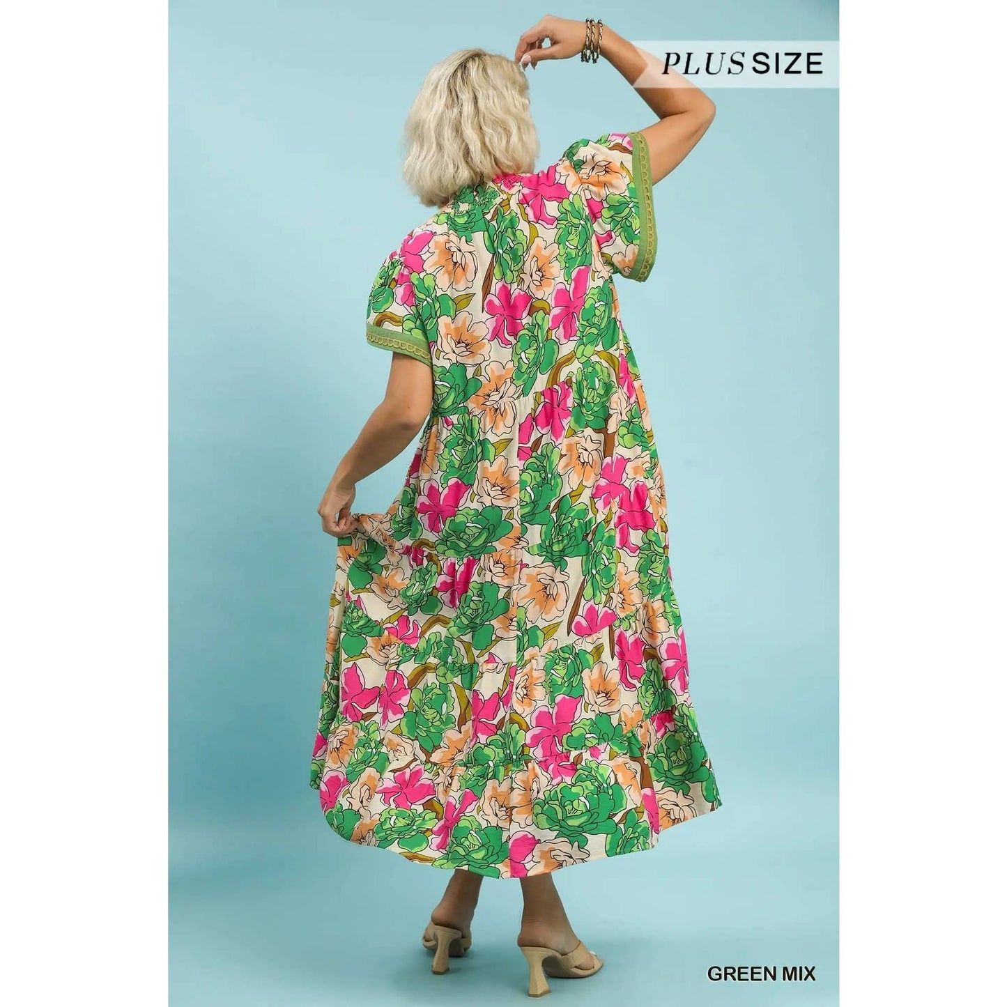PLUS Mix Bold Floral Tiered Midi Dress: TEA BERRY MIX / 2X