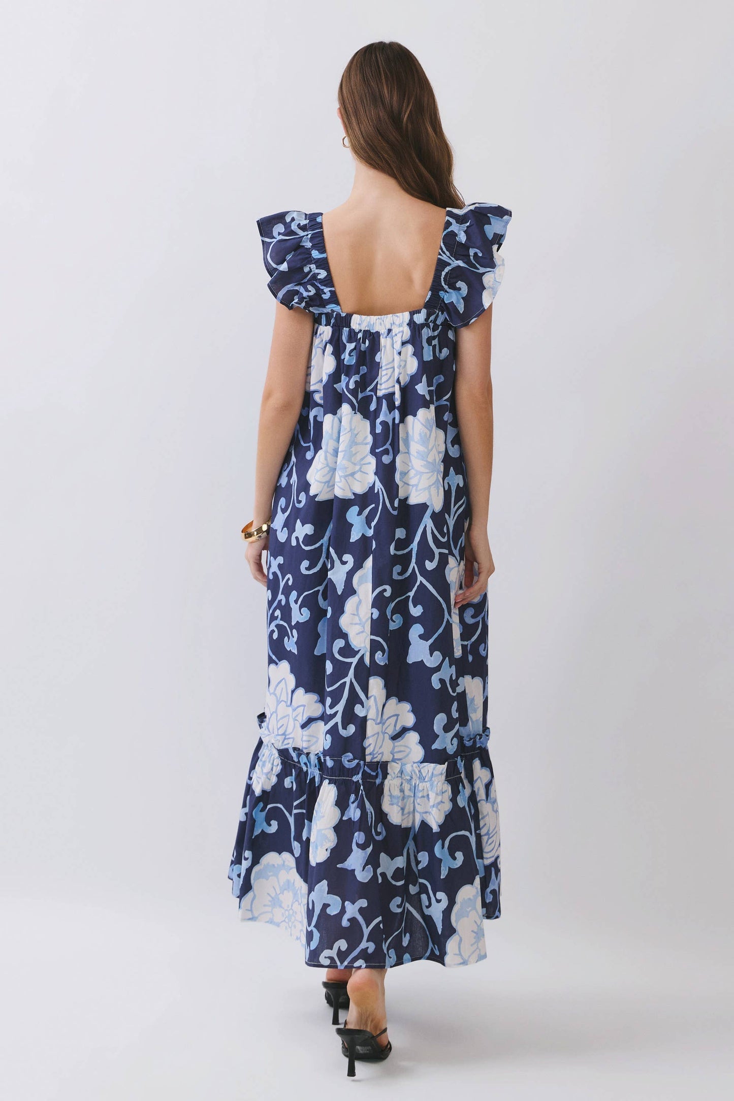 CD06967-Floral Print Ruffle Sleeve Maxi Dress: NAVY / M