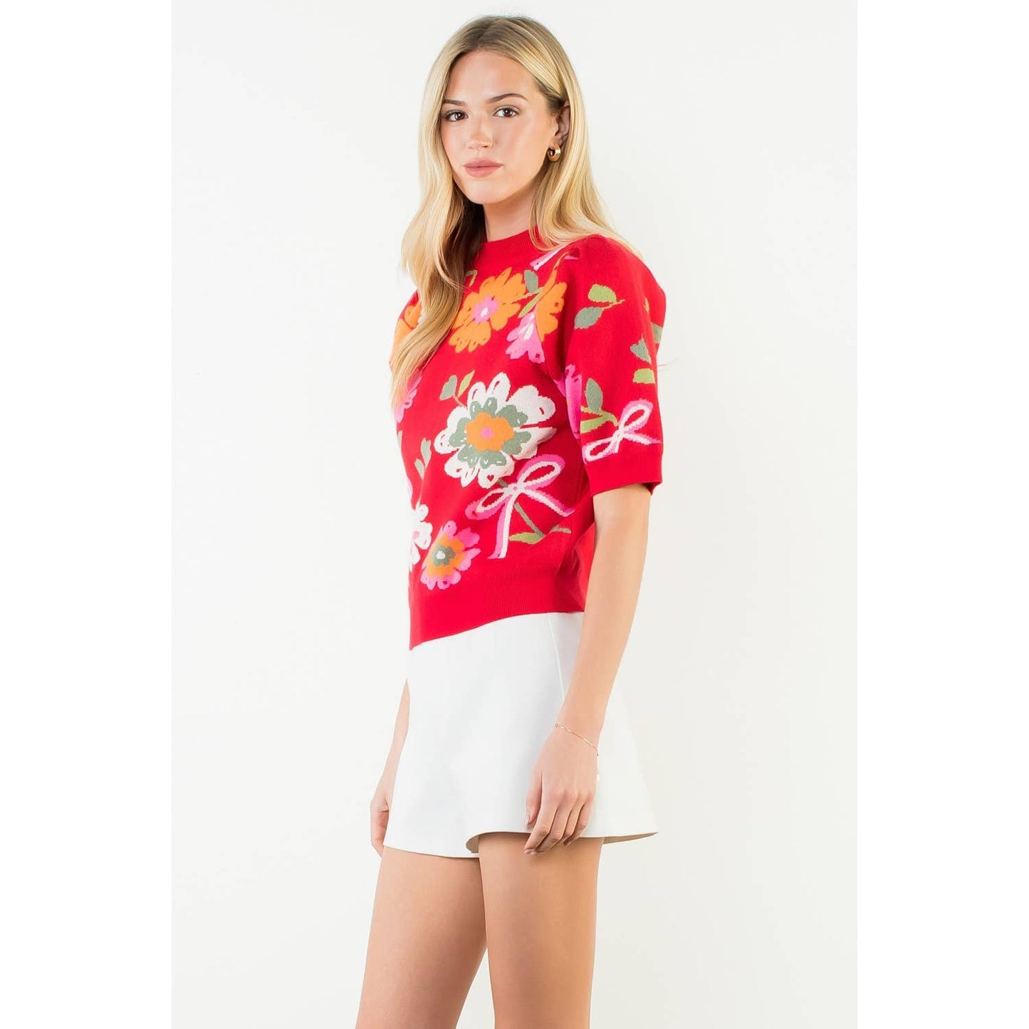 Short Sleeve Floral Detail Knit Top: RED / XS-S-M-L(1-2-2-1)