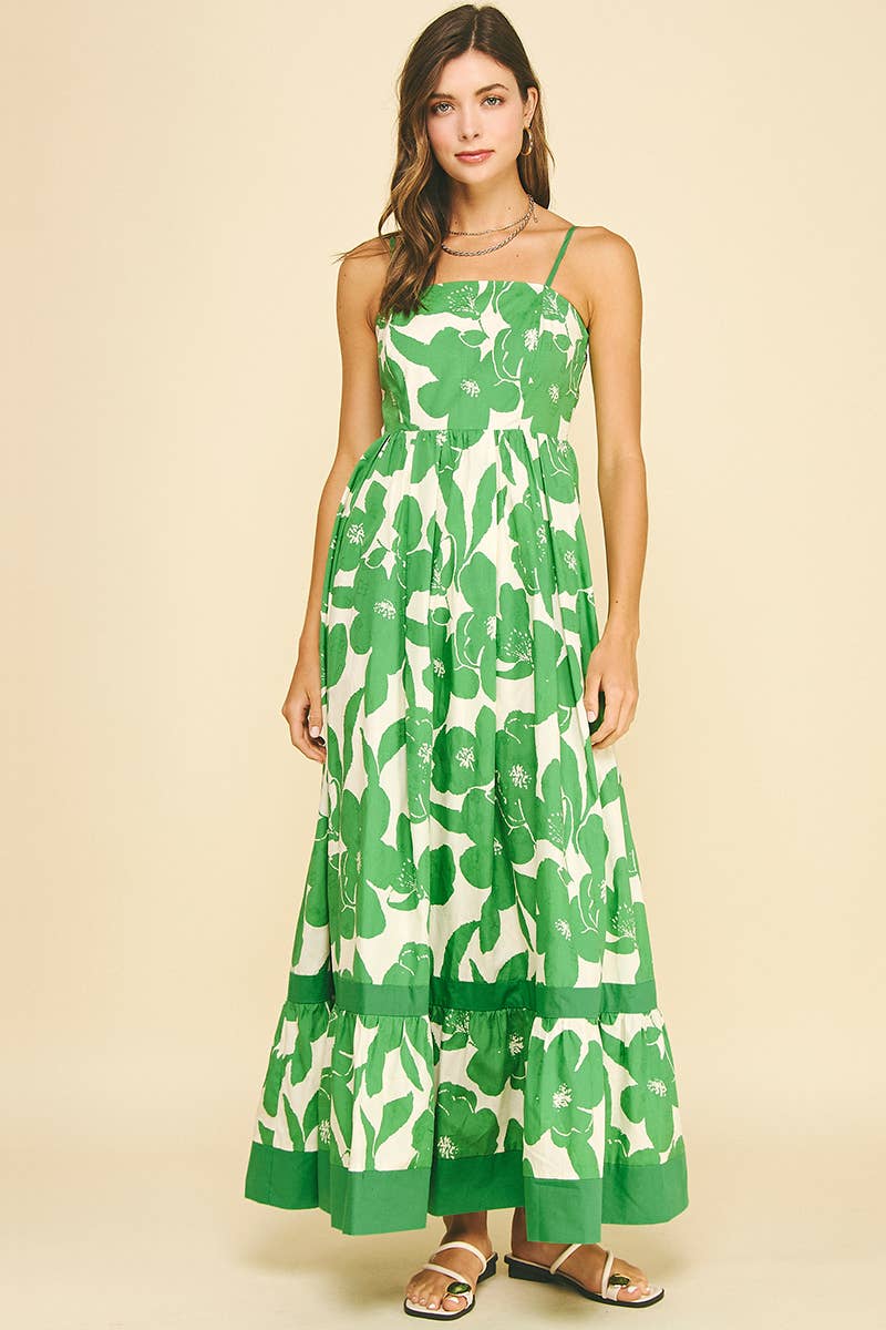 FLORAL TIERED MAXI DRESS - 6658D: GREEN FLORAL / S