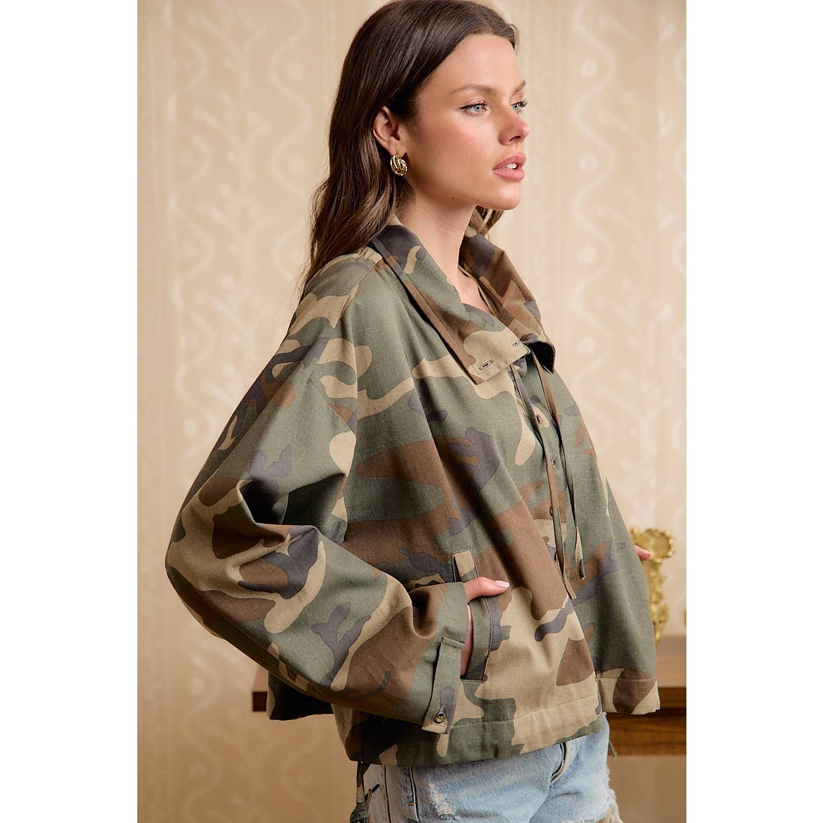PRINTED HOODED WINDBREAKER JACKET TOP: MOCHA GINGHAM / S