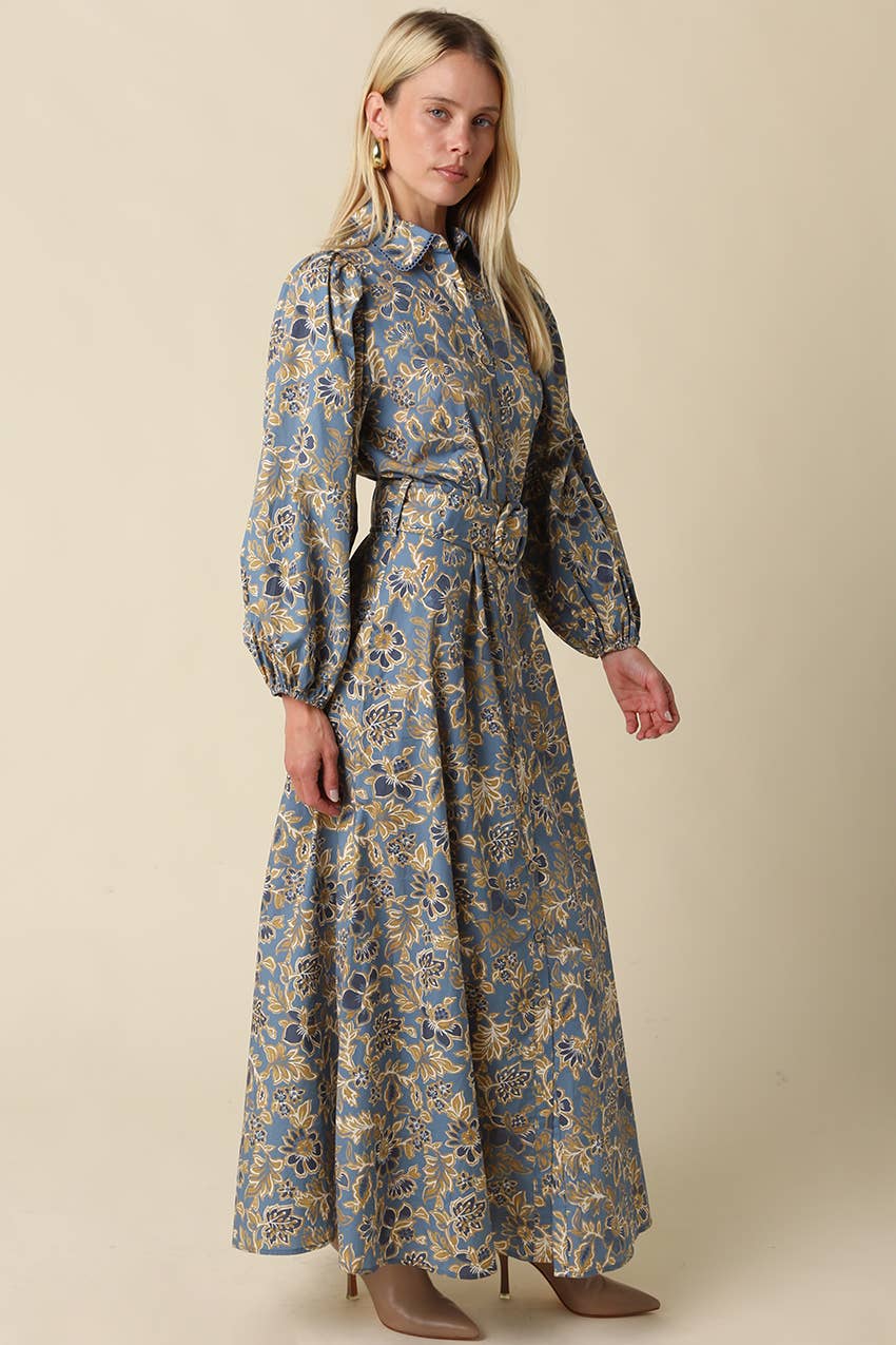 Jasmin Floral Belted Maxi Dress: Blue Grey Gold / M