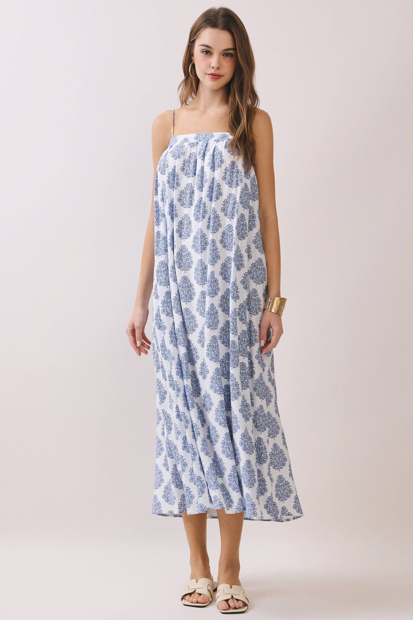 CD06741-Printed Flowy Silhouette Side Pockets Maxi Dress: Blue / L
