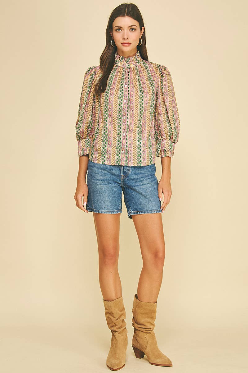 FLORAL BOTANICAL PRINT BUTTON DOWN BLOUSE - 7450T: GREEN MULTI / M
