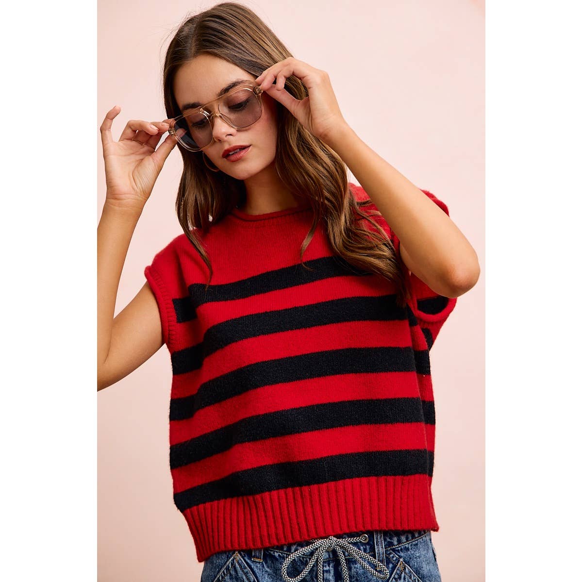 GAMEDAY THEME STRIPED SLEEVELESS KNIT TOP: RED/BLACK / XL