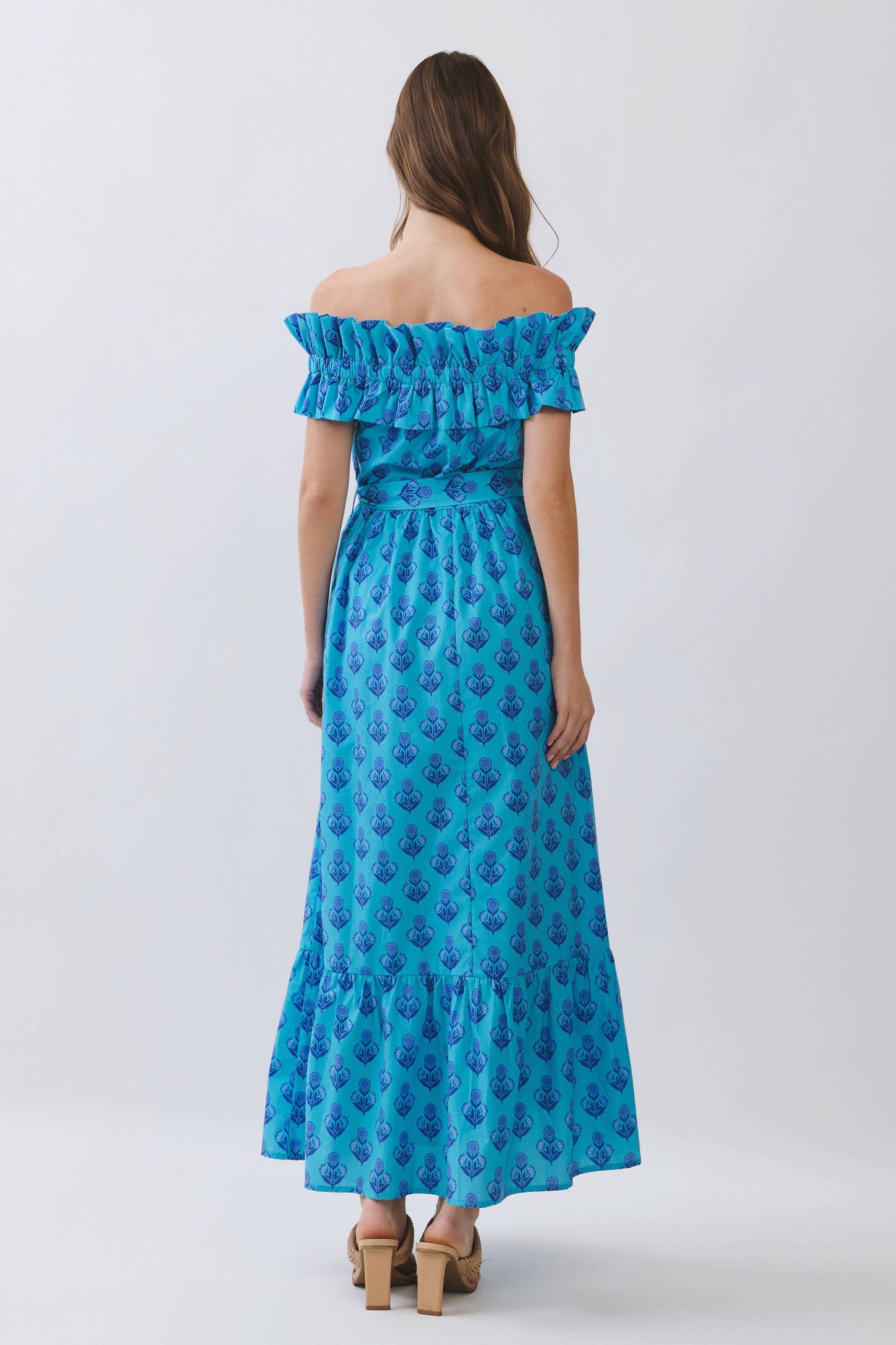 CD07146-Floral Print Off Shoulder Ruffle Maxi Dress: Blue / L