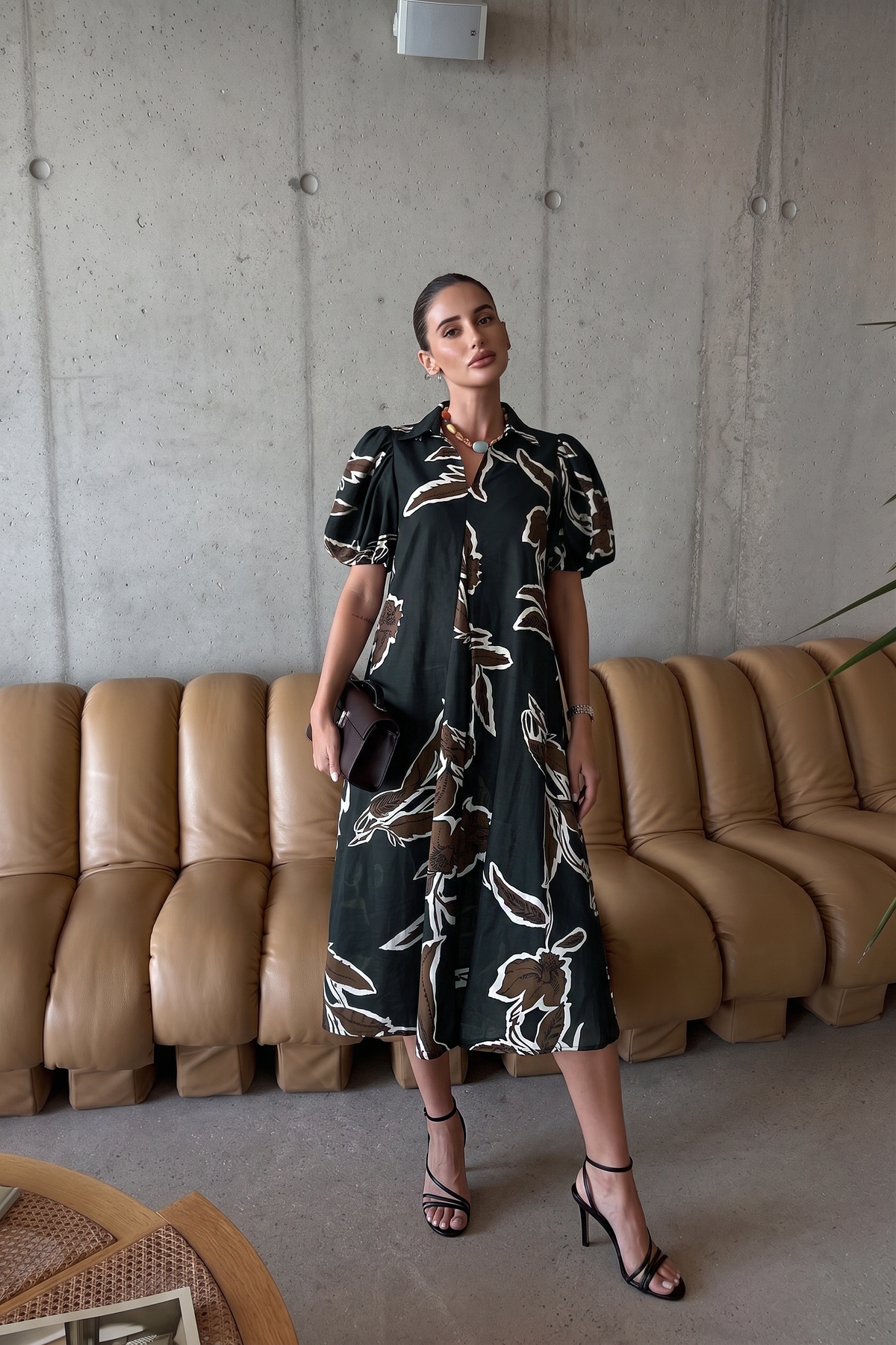 Fall/Winter Print Puff Sleeve Midi Dress : Rust / L