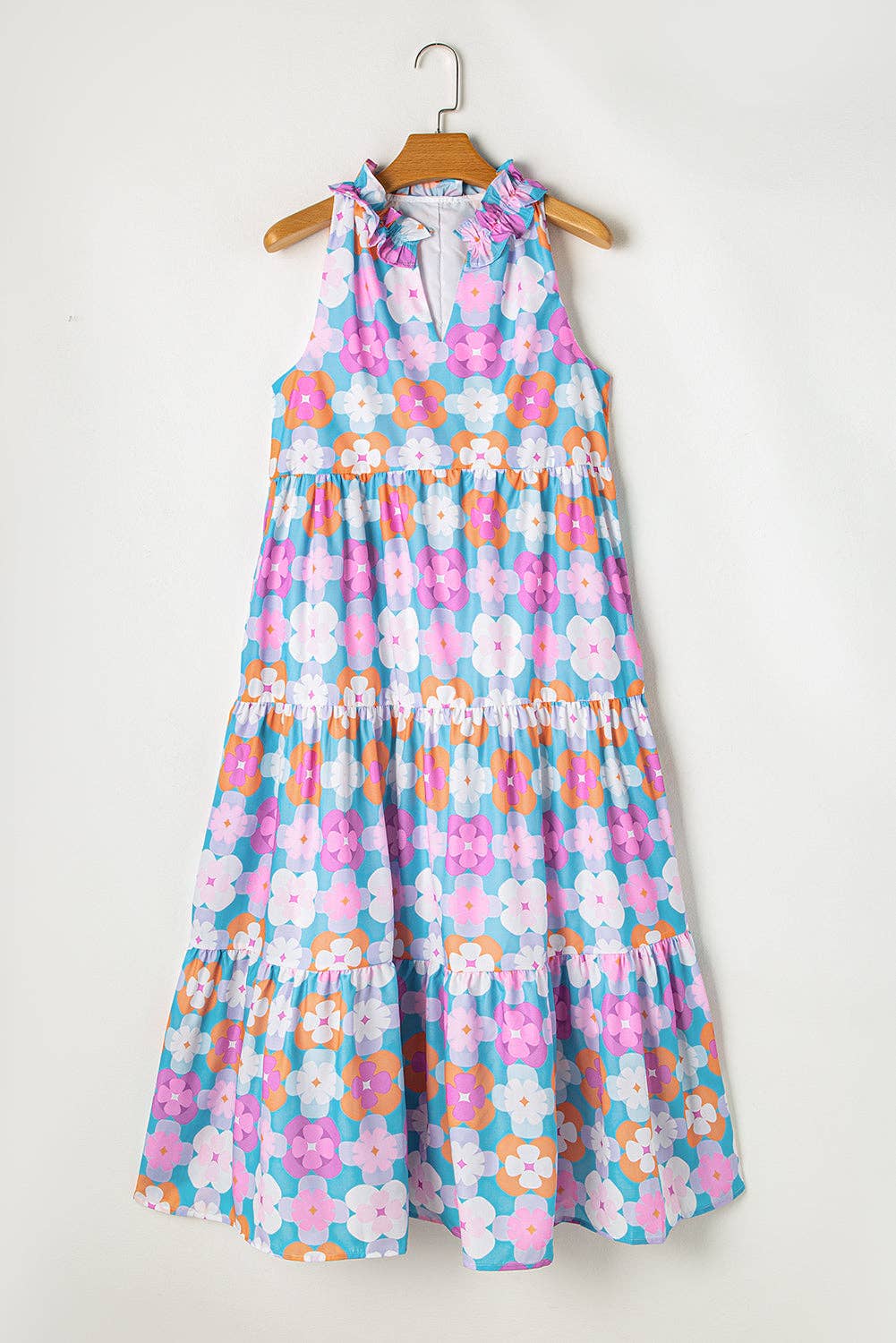 Floral Print Frilly Neck Sleeveless Tiered Maxi Dress: Sky Blue / 100%Polyester / M