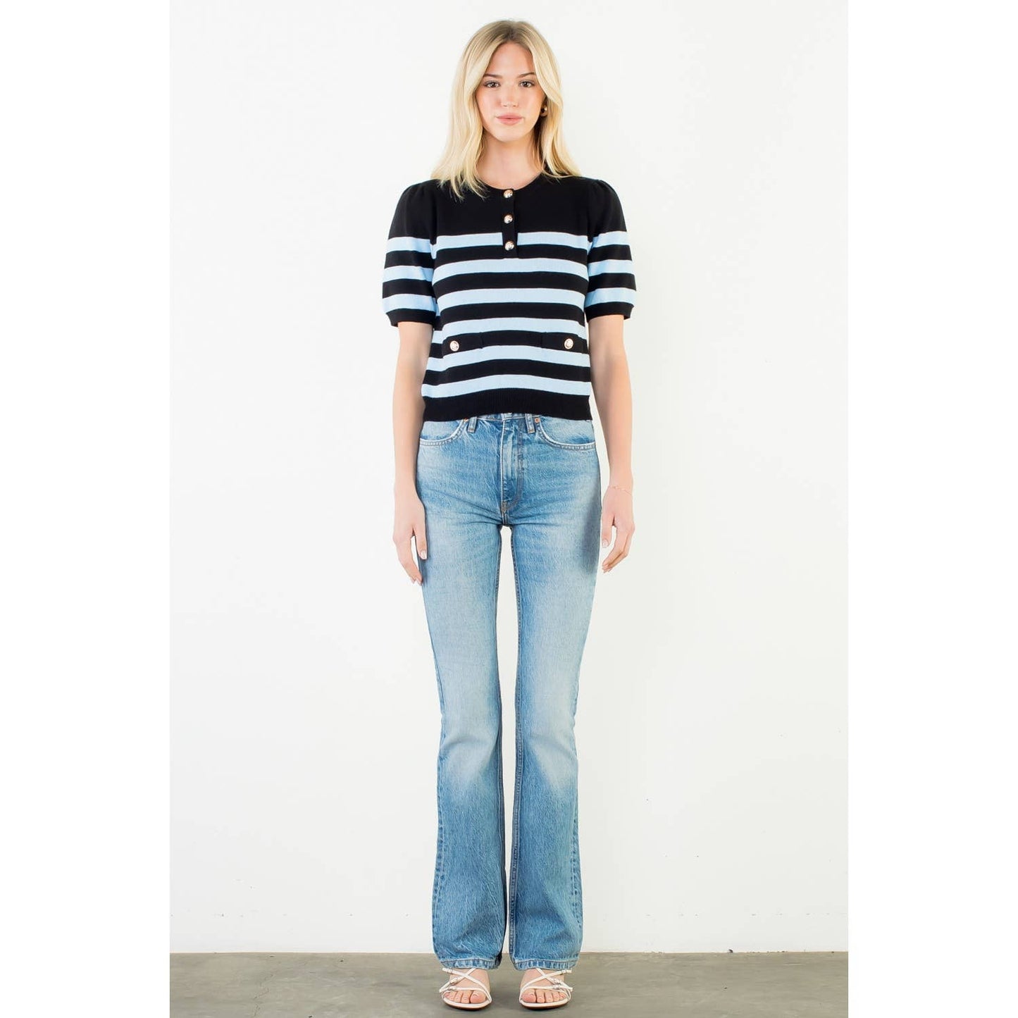 Short Sleeve Striped Knit Top: BLUE / XS-S-M-L(1-2-2-1)
