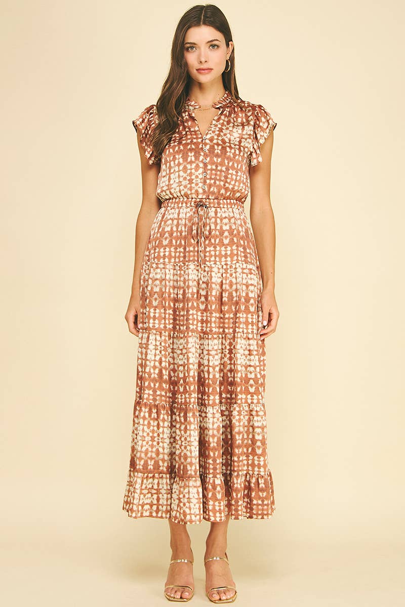 EYE-CATCHING PRINT TIERED MAXI DRESS - 6647DA: RUST / L