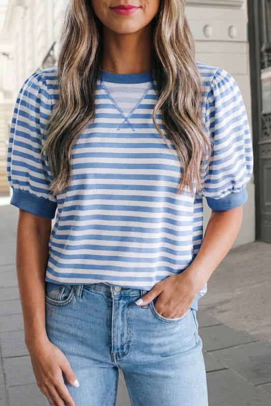 Stripe Short Bubble Sleeve Round Neck Tee | S-XL: Blue / S