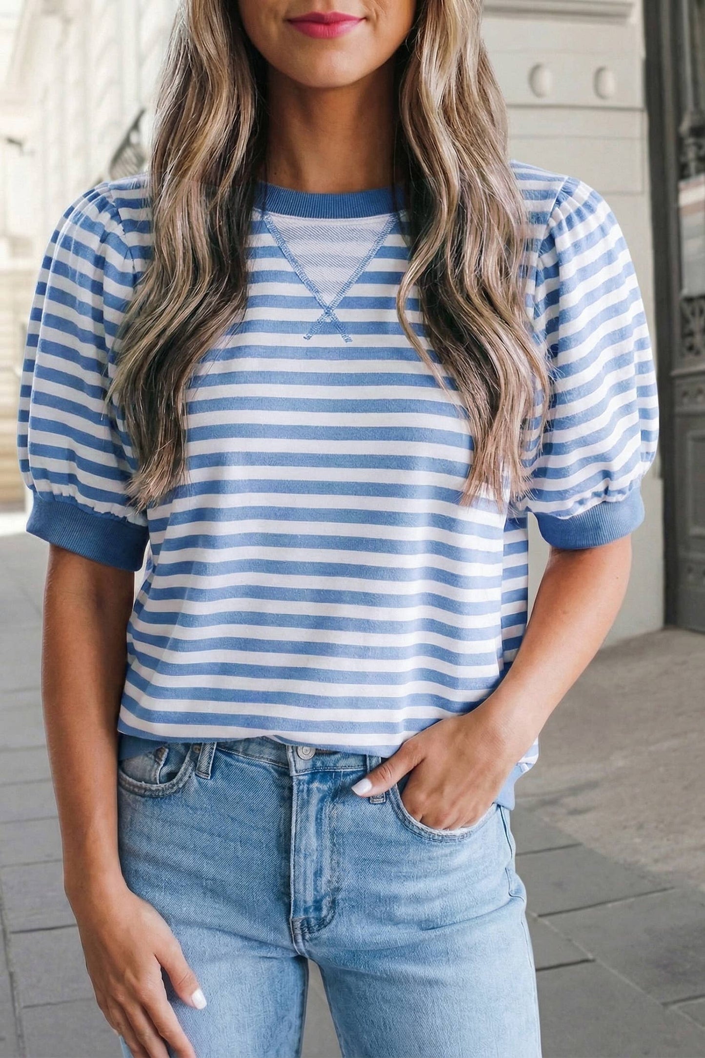 Stripe Short Bubble Sleeve Round Neck Tee | S-XL: Blue / M