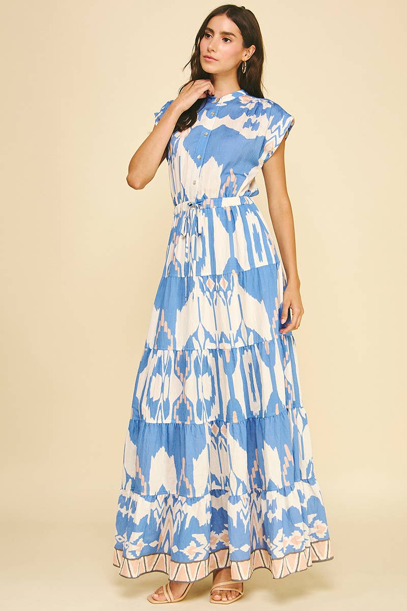GEOMETRIC PATTERN TIERED MAXI DRESS - 6198DB: BLUE MULTI / L