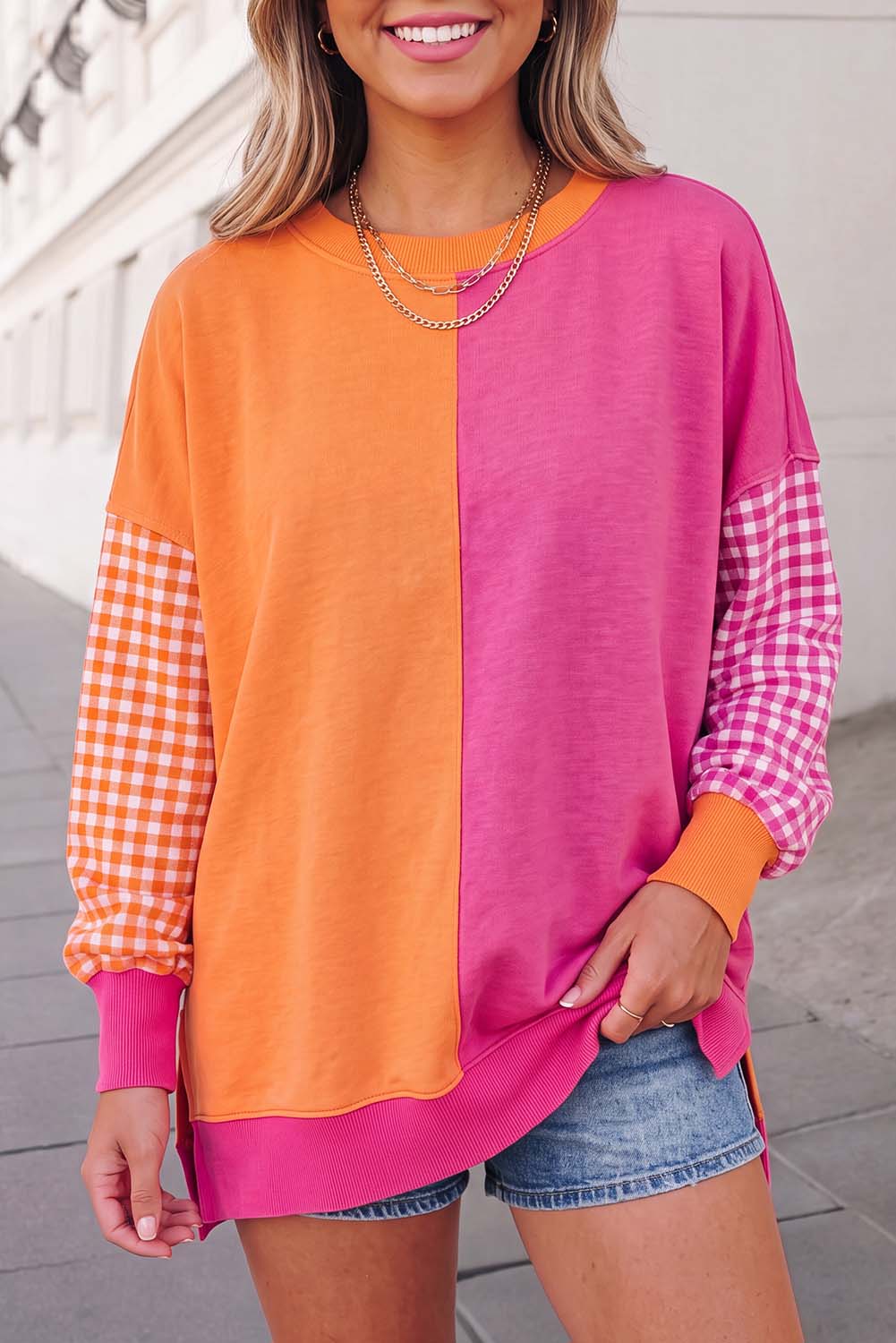 Plaid Print Crewneck Gingham Sleeve Sweatshirt FW26 | S-XL: Rose Red / L