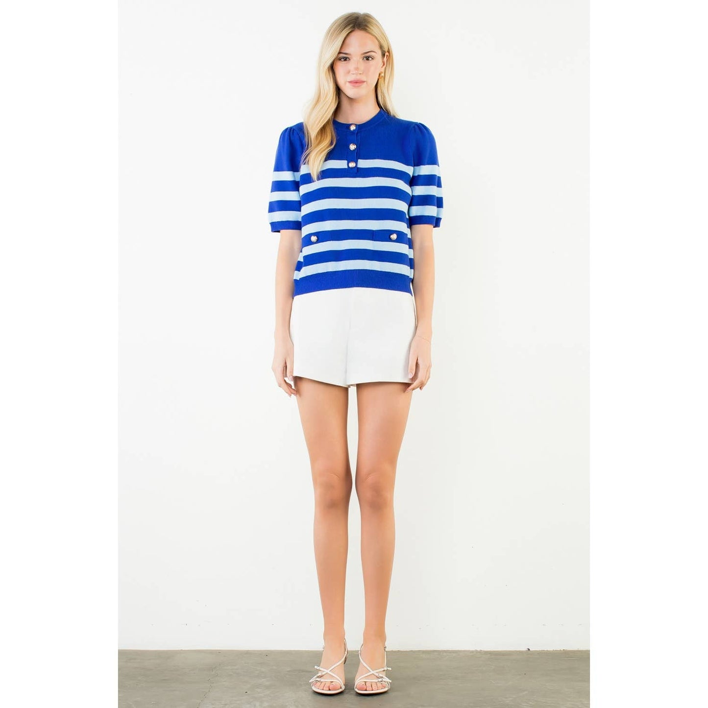 Short Sleeve Striped Knit Top: BLUE / XS-S-M-L(1-2-2-1)