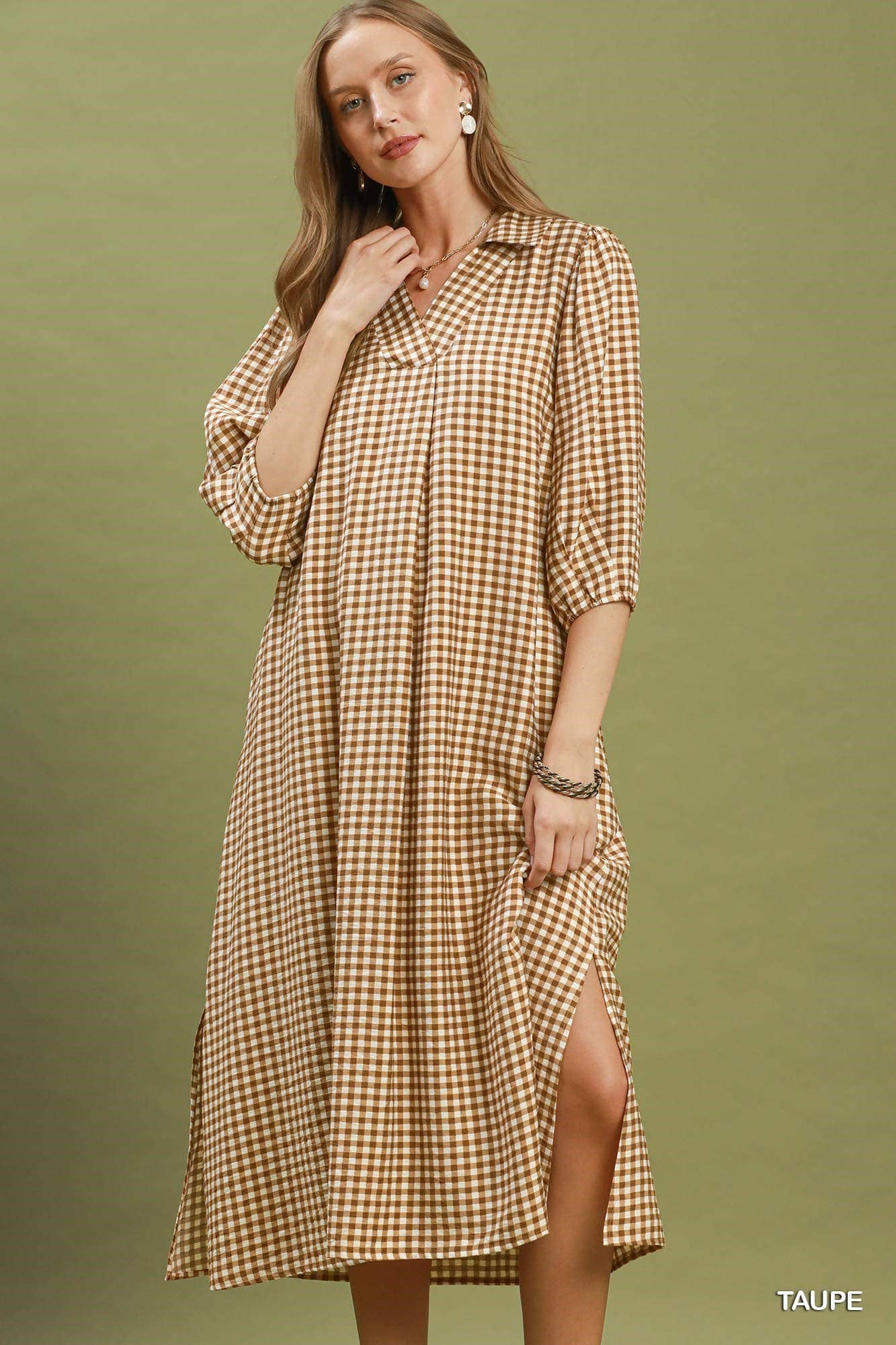 Gingham Check Collared Midi Dress: RED / 2-2-2(S-M-L)