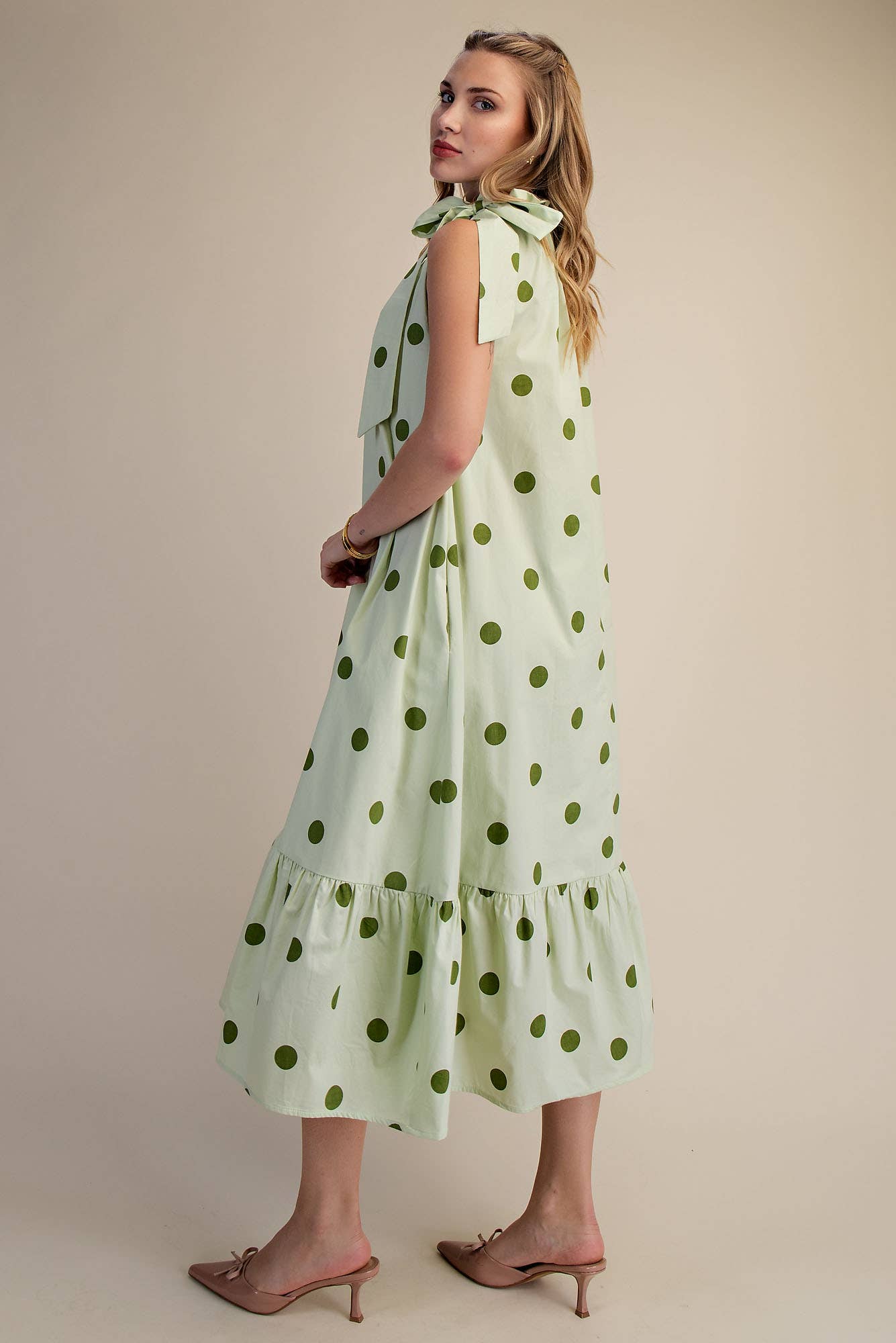 Ruffle Neck Tie Sleeveless Polka Dot Midi Dress: Blue / L