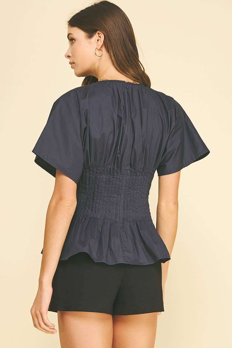 PLEATED WAIST PEPLUM TOP - 7090T: NAVY / L