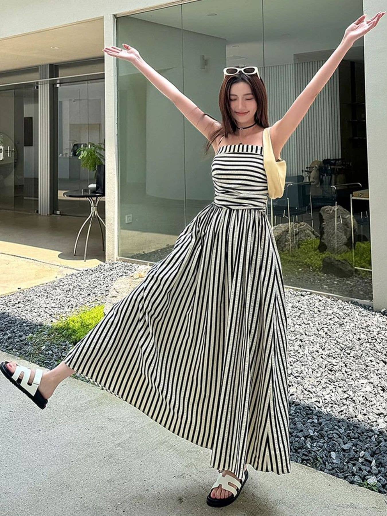 Striped Vacation Maxi Dress with Pockets: Coffee / Missy / L