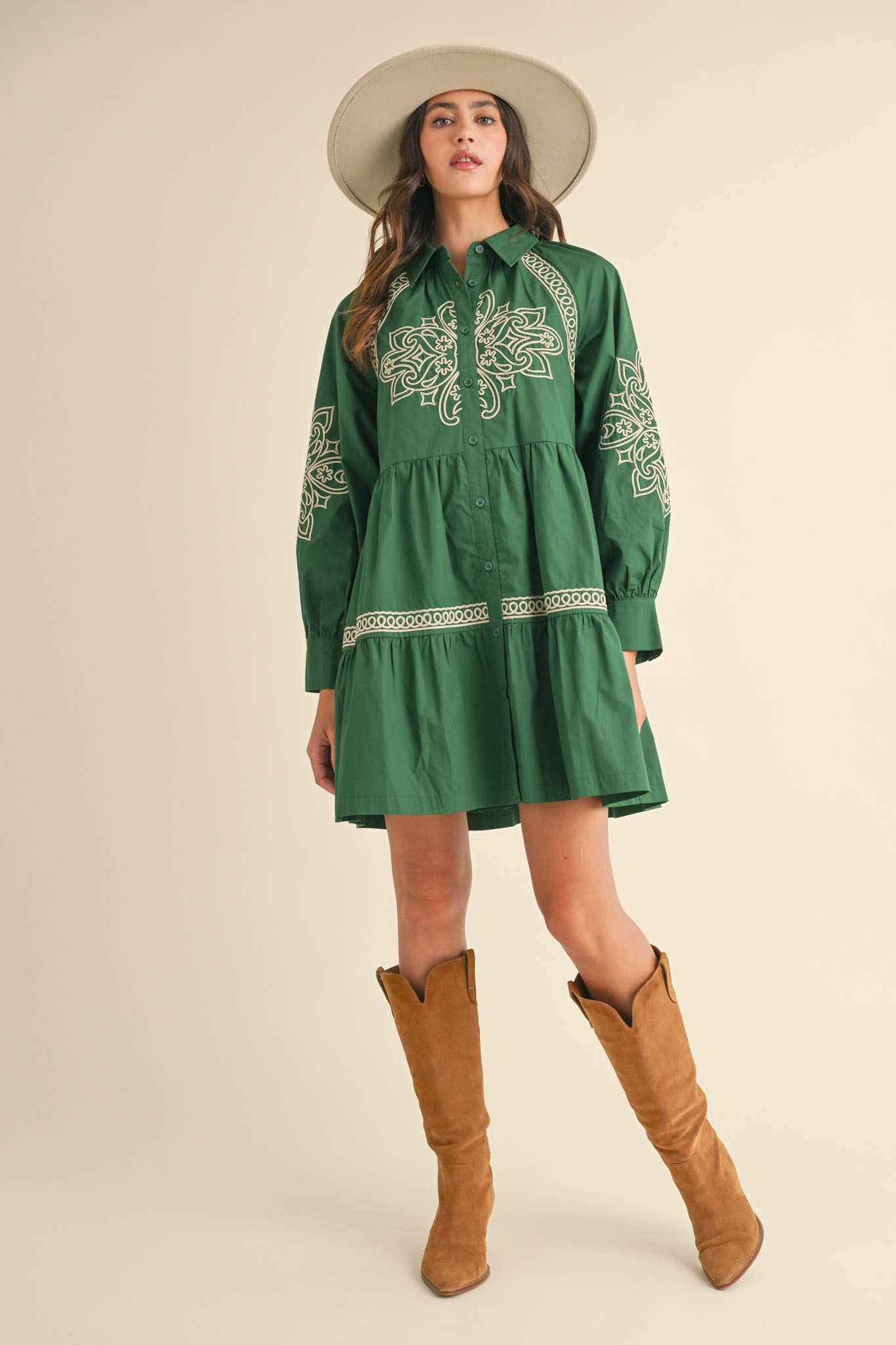 EMBROIDERED BUTTON DOWN MINI DRESS MDR3513: Hunter Green / M