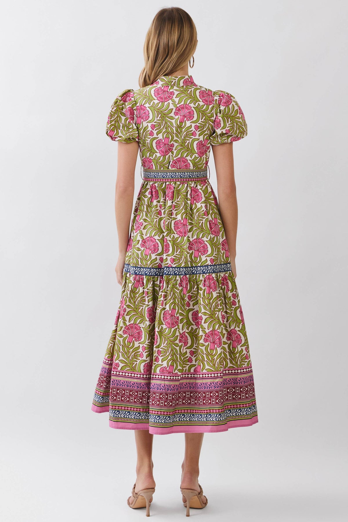CD07204-Floral Border Print Tie Waist Maxi Dress: Green / L