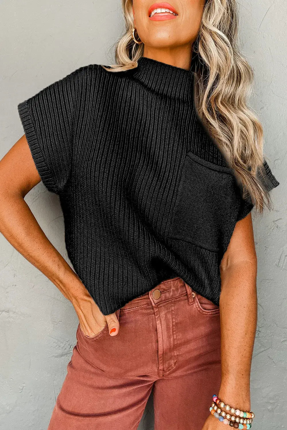 Oatmeal Patch Pocket Ribbed Knit Short Sleeve Sweater: Oatmeal / 50%Viscose+28%Polyester+22%Polyamide / L