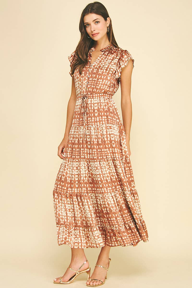 EYE-CATCHING PRINT TIERED MAXI DRESS - 6647DA: RUST / S