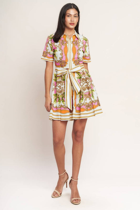 A printed woven mini shirt dress - ID23207: OFF WHITE PINK ORANGE / Contemporary / L