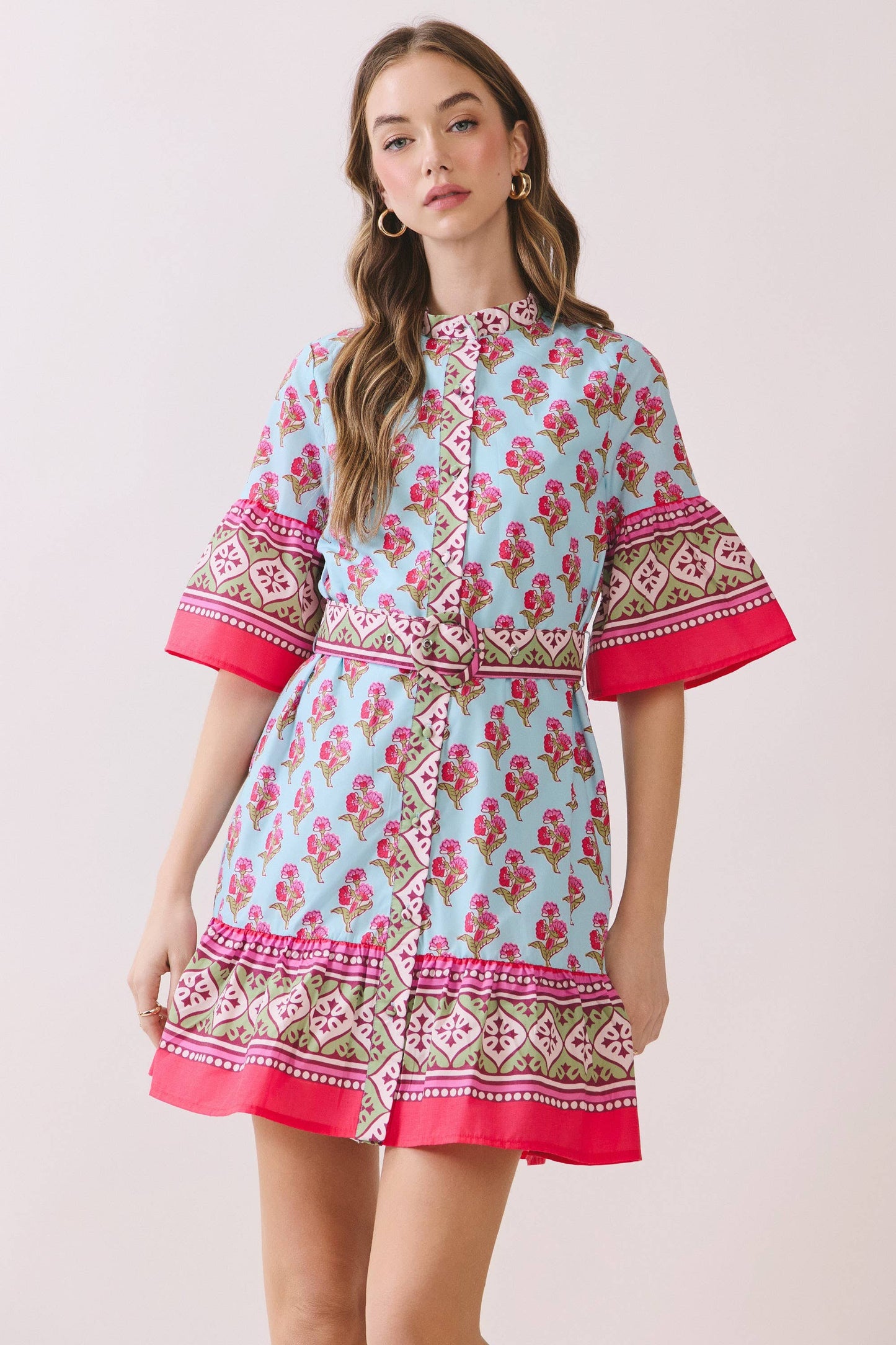 CD06716-Printed Belted Mini Dress with Contrast Border: MULTI / S