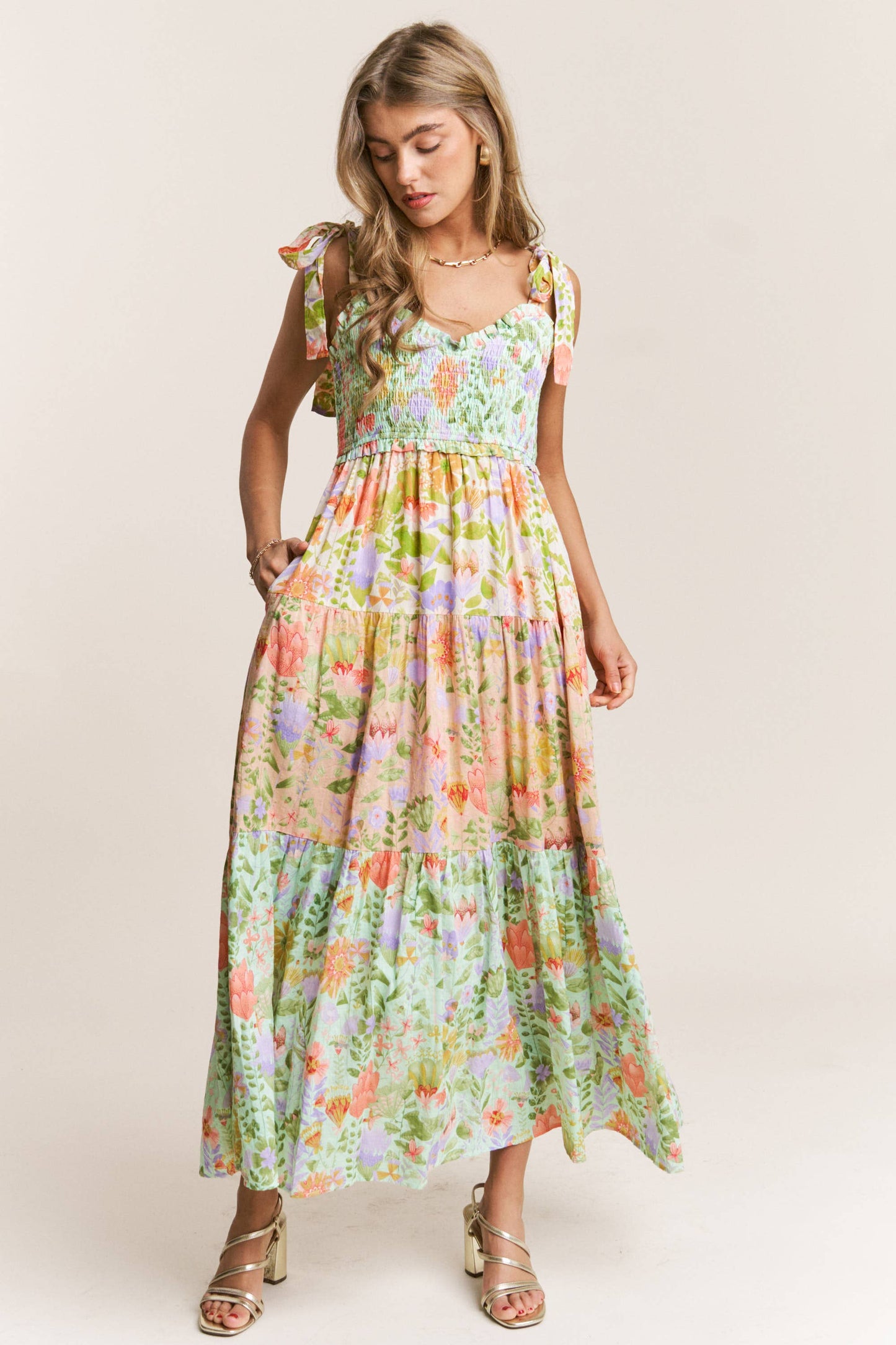 Smocked V-neck Tiered Multi Print Dress: Garden Dream / S