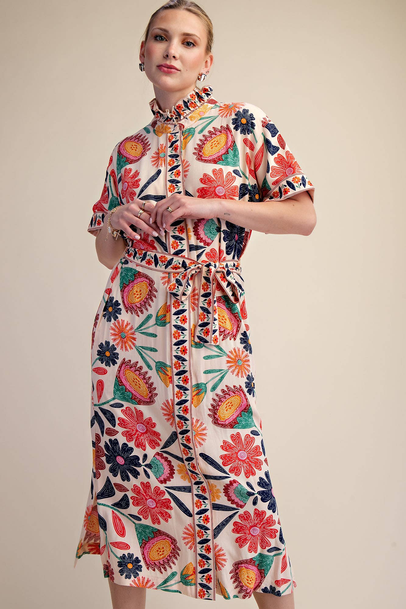 Waist Tie Belt Collar Neck Button-Up Shirts Floral Midi Dres: Coral / M