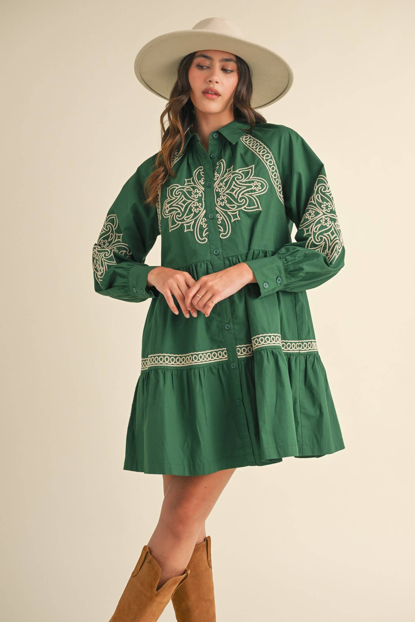 EMBROIDERED BUTTON DOWN MINI DRESS MDR3513: Hunter Green / M