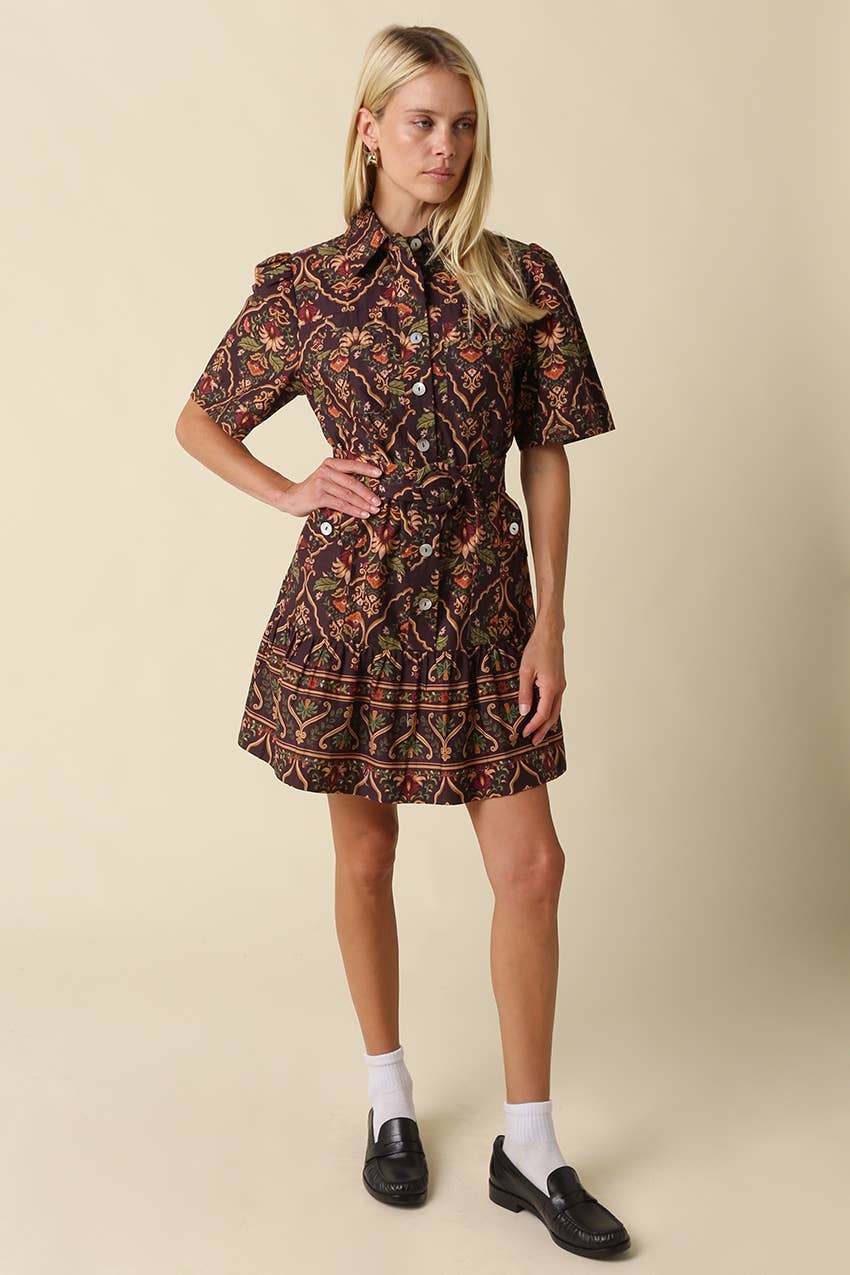 Belen Paisley Belted Mini Dress: CHOCOLATE MULTI / M