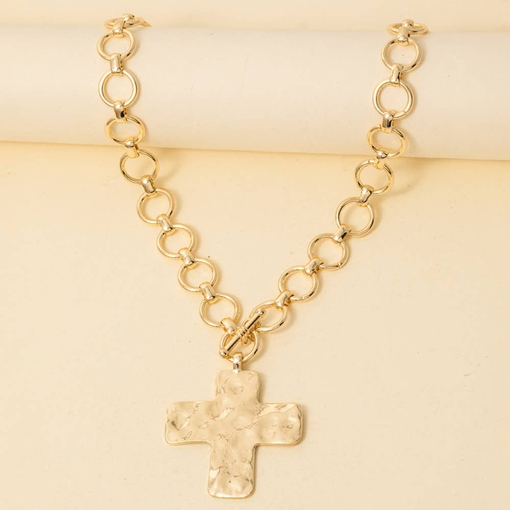 Hammered Flat Cross Pendant Toggle Chain Necklace: SGD