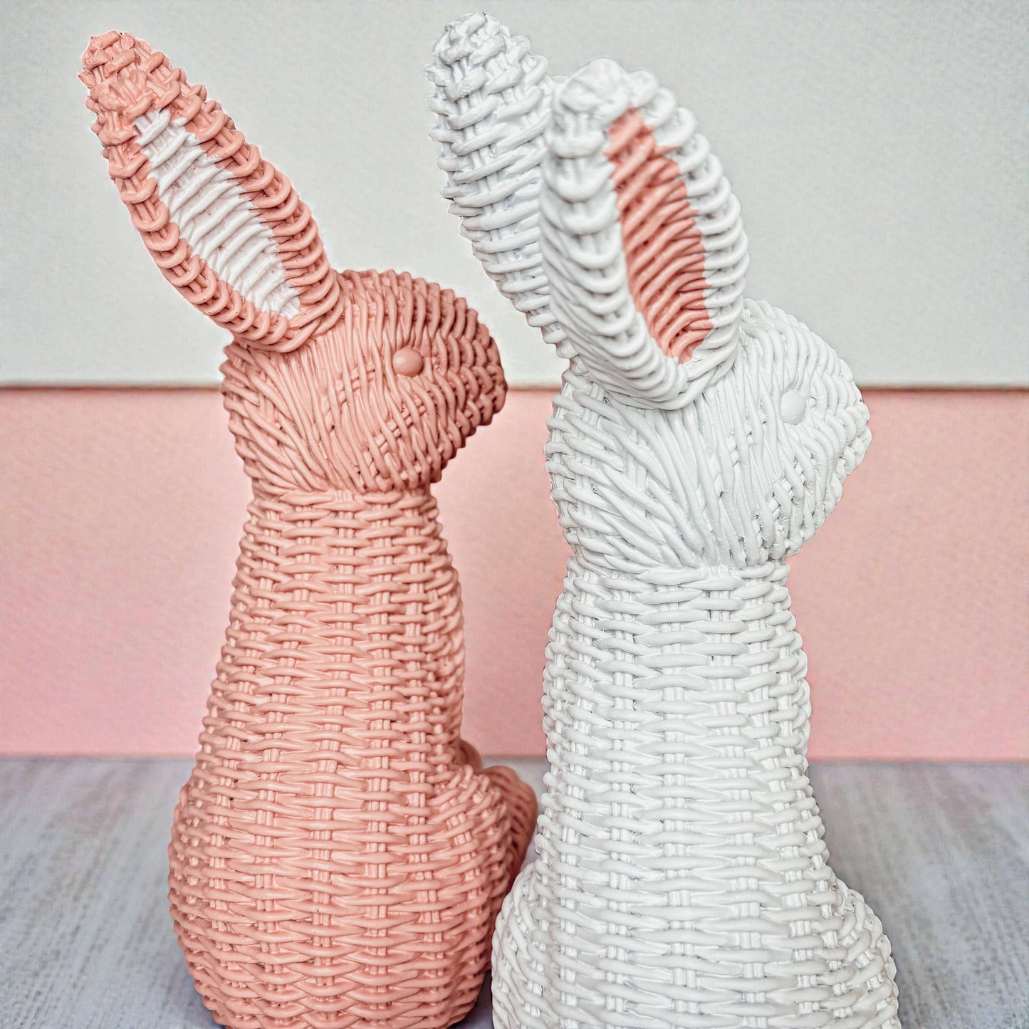 Easter Farmhouse Home Decor, Resin Bunny Figurine Rattan : White