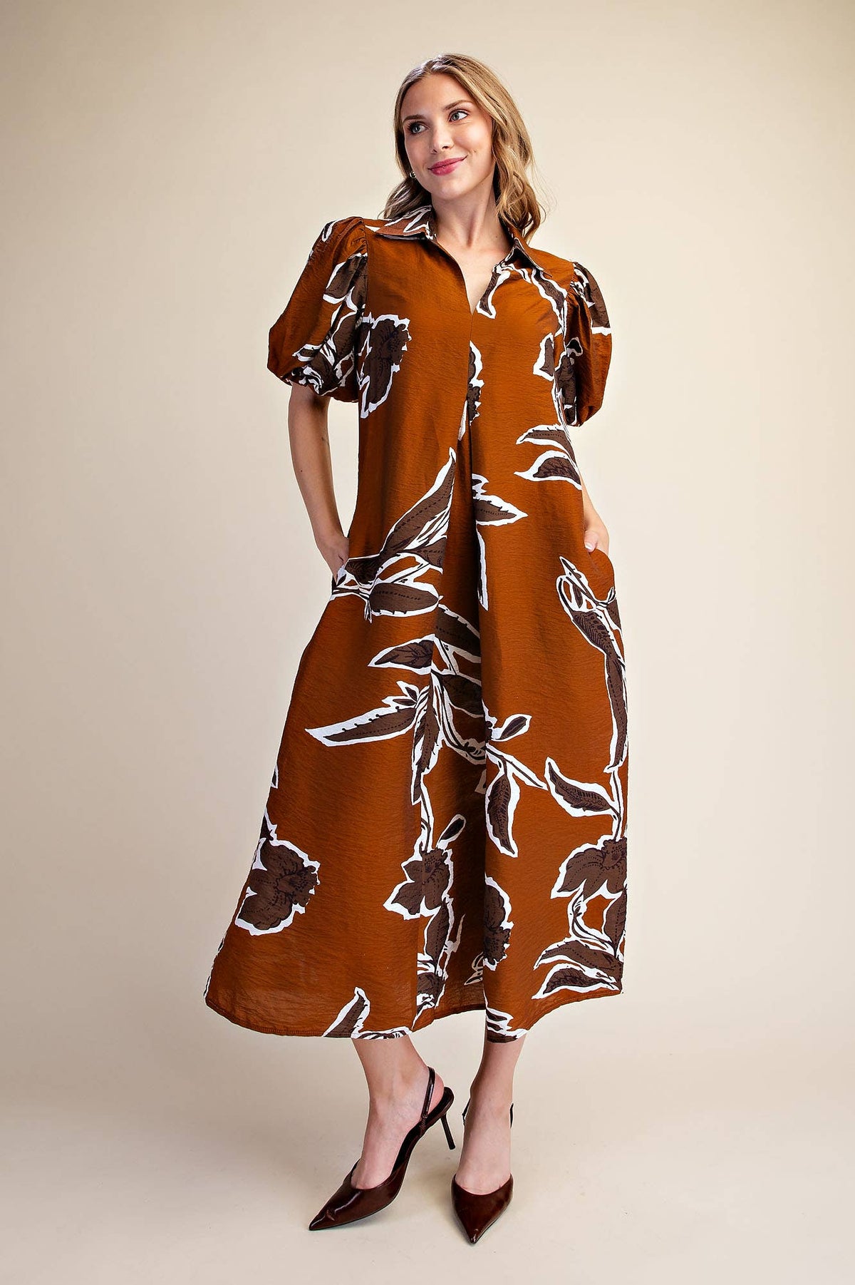 Fall/Winter Print Puff Sleeve Midi Dress : Rust / M
