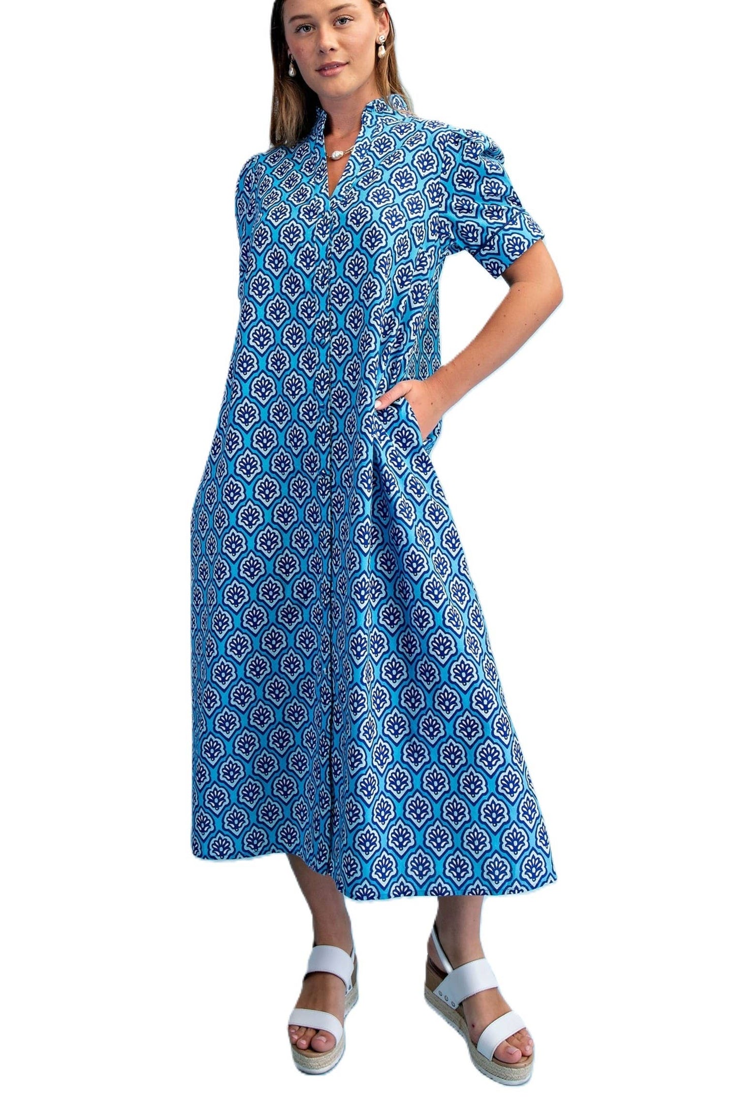 Bright Printed Button Down Midi Dress: SAPPHIRE MIX / 2-2-2(S-M-L)