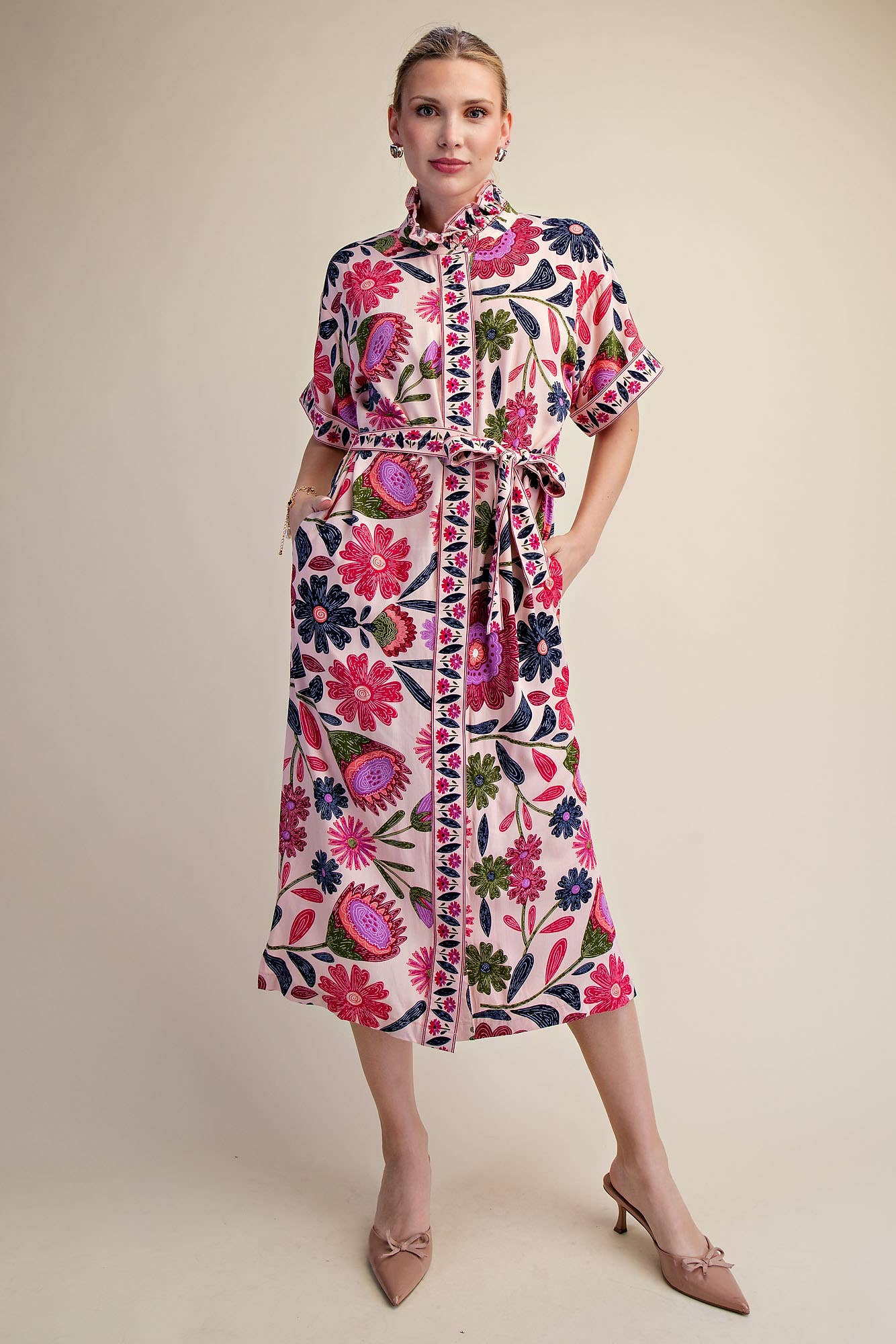 Waist Tie Belt Collar Neck Button-Up Shirts Floral Midi Dres: Coral / M