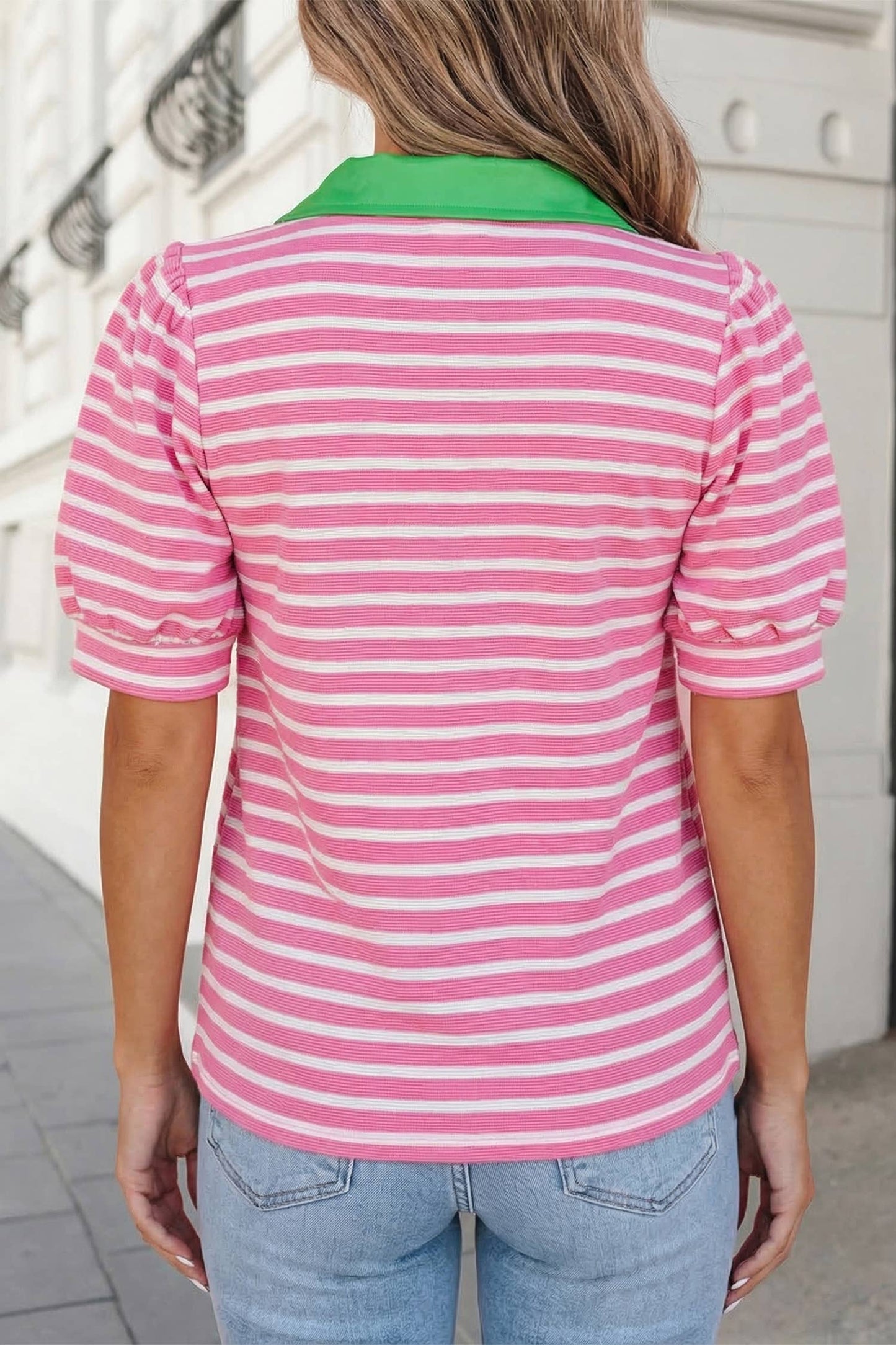 Stripe Short Puff Sleeve Collared Blouse | S-XL: Blue / M