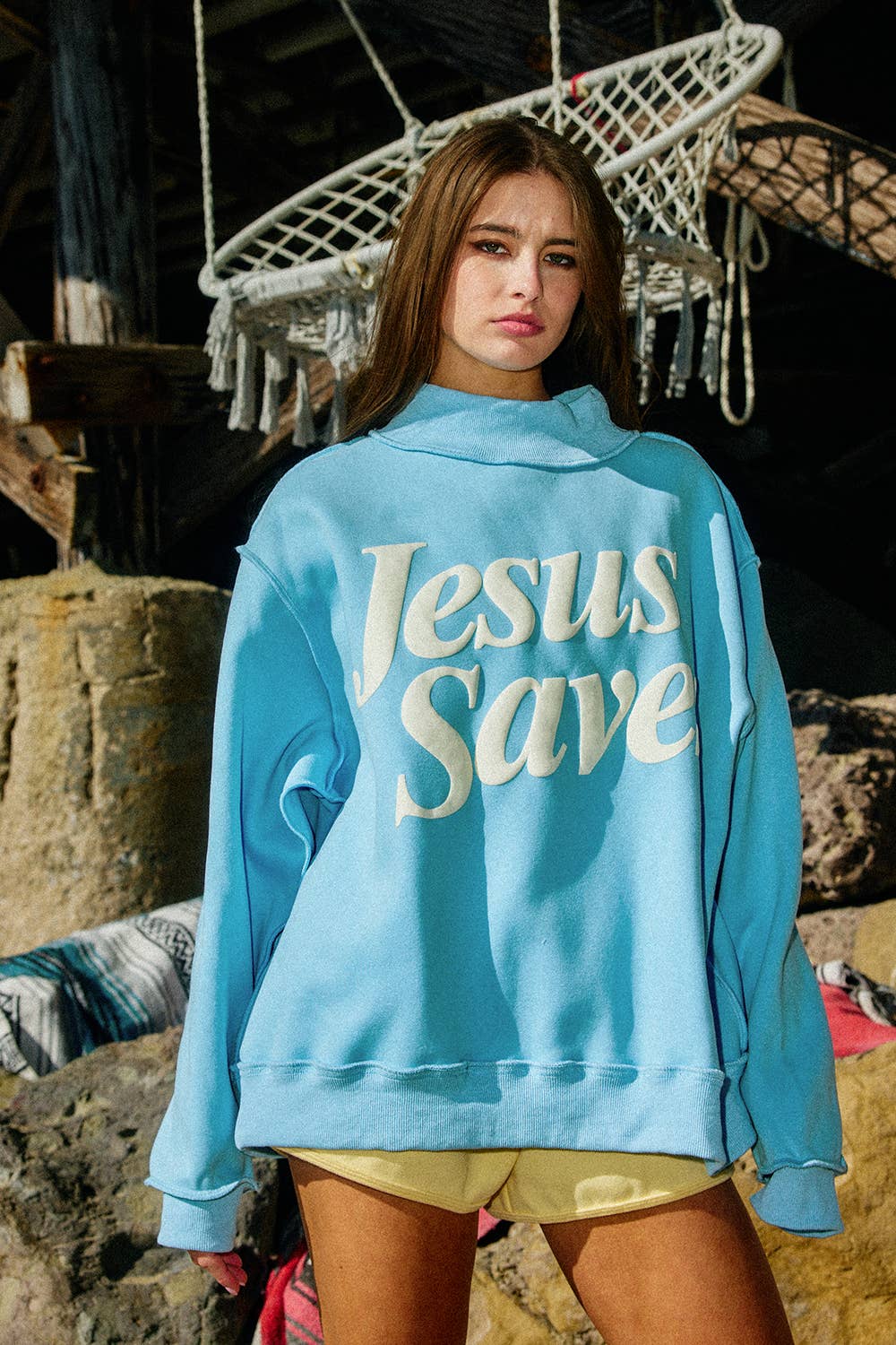 IT2594P-JESUSSAVES 'JESUSSAVES' Print Mock Neck Sweatshirt: Baby Blue / S/M-L/XL (3-3)