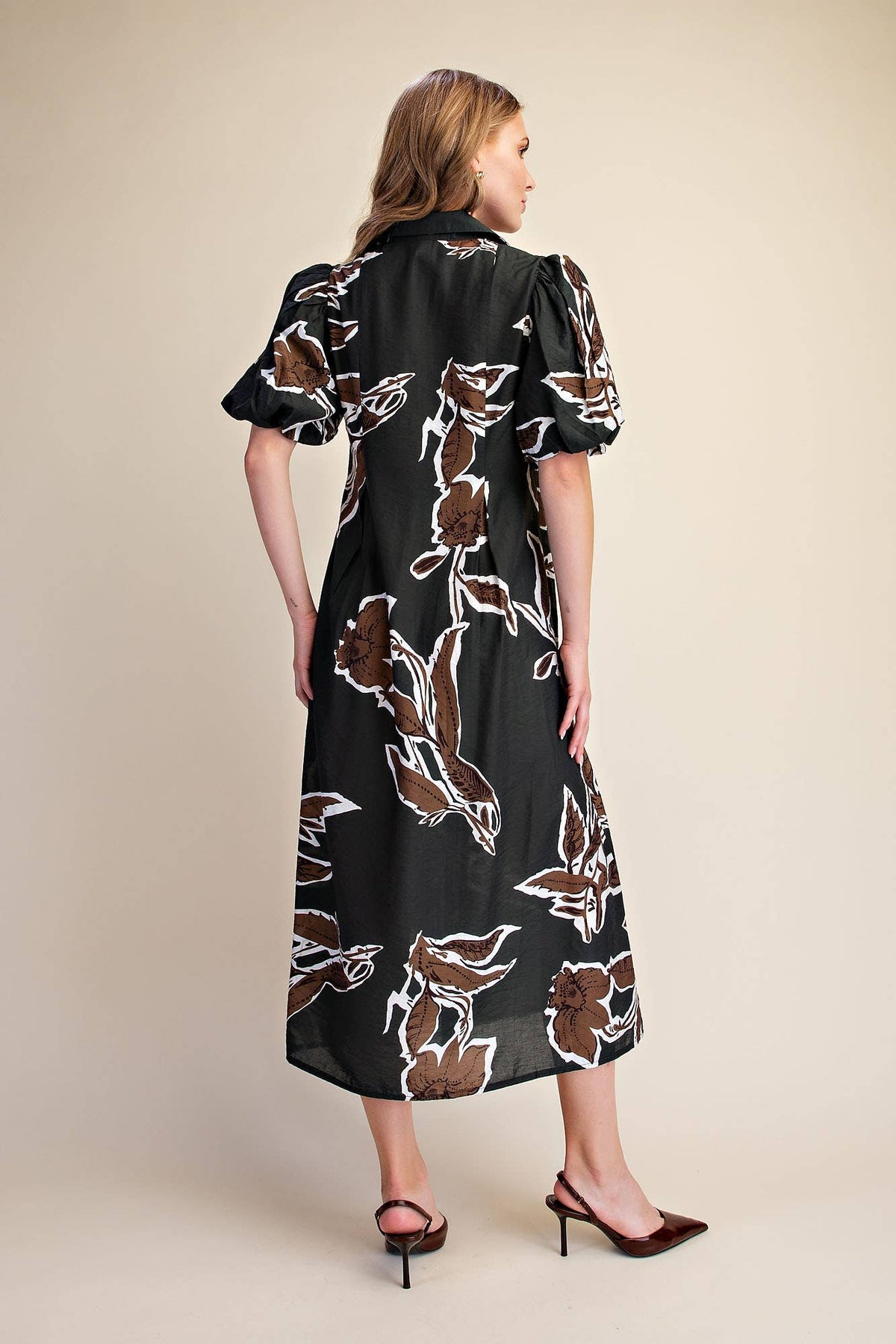 Fall/Winter Print Puff Sleeve Midi Dress : Rust / S