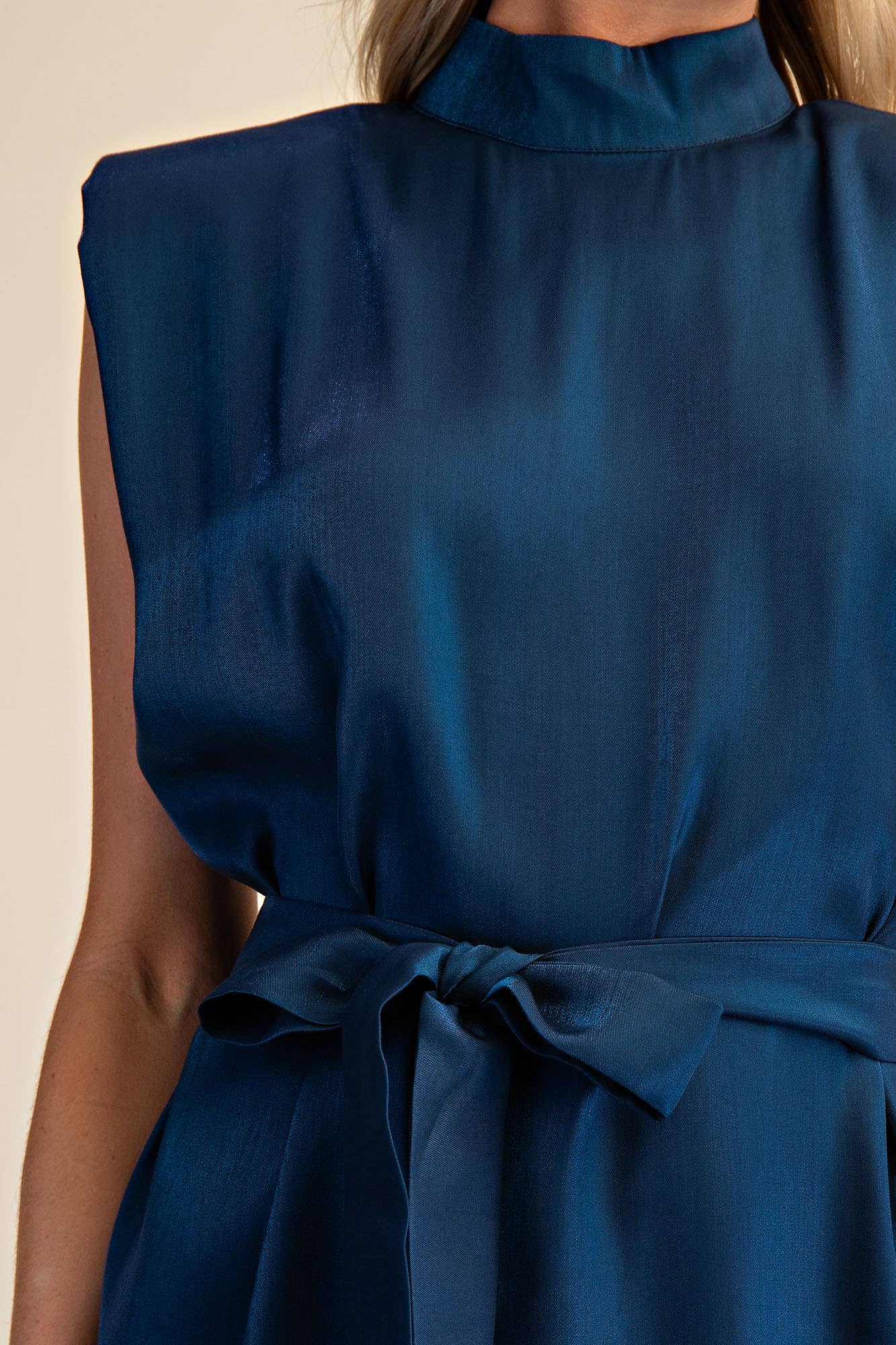 Mock Neck Shoulder Padded Waist Tie Mini Satin Dress: Fuchsia / L