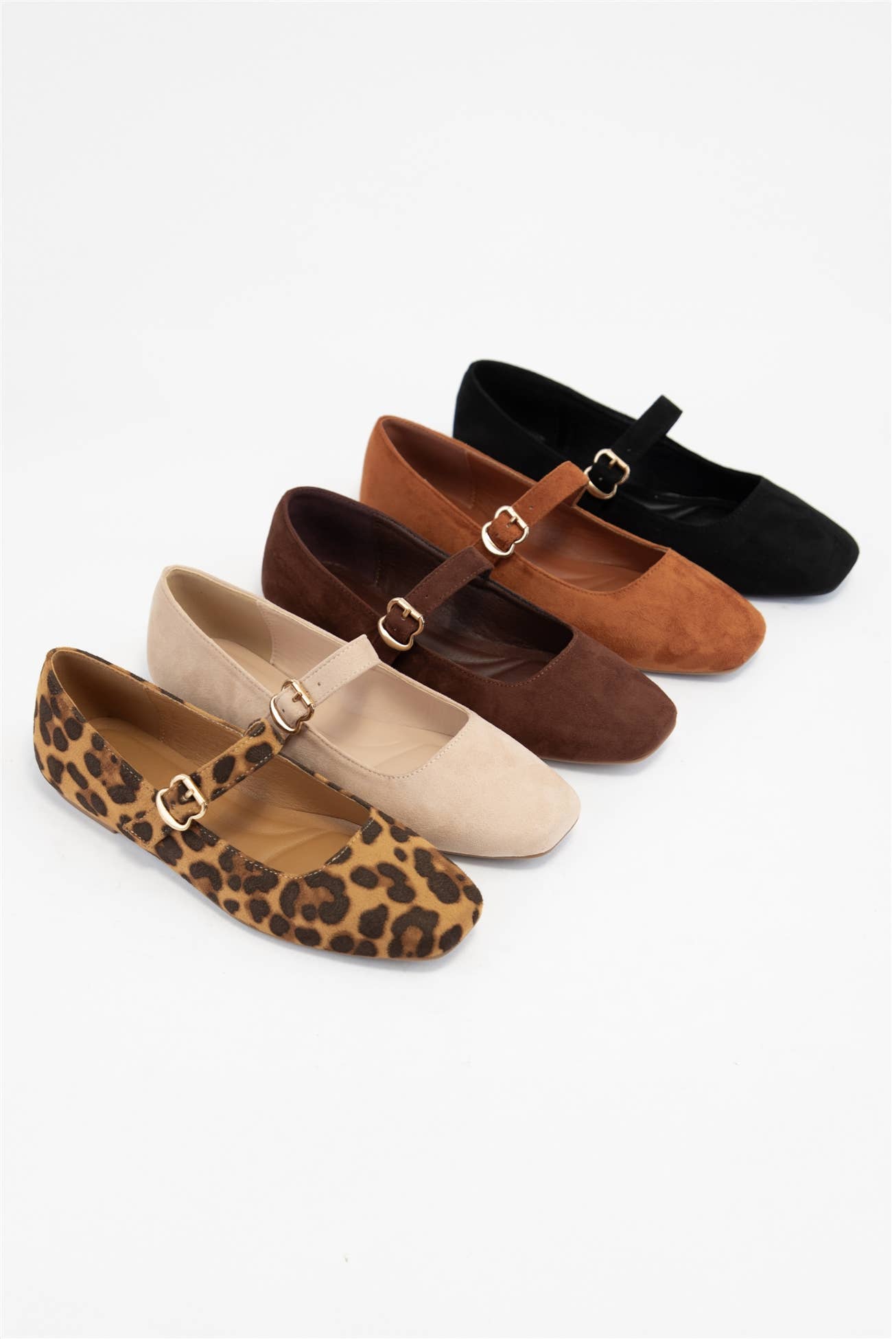 CHARLOTTE-10 BUCKLED STRAP SOFT SQUARE TOE MARY JANE FLATS: LEOPARD SUEDE / B12