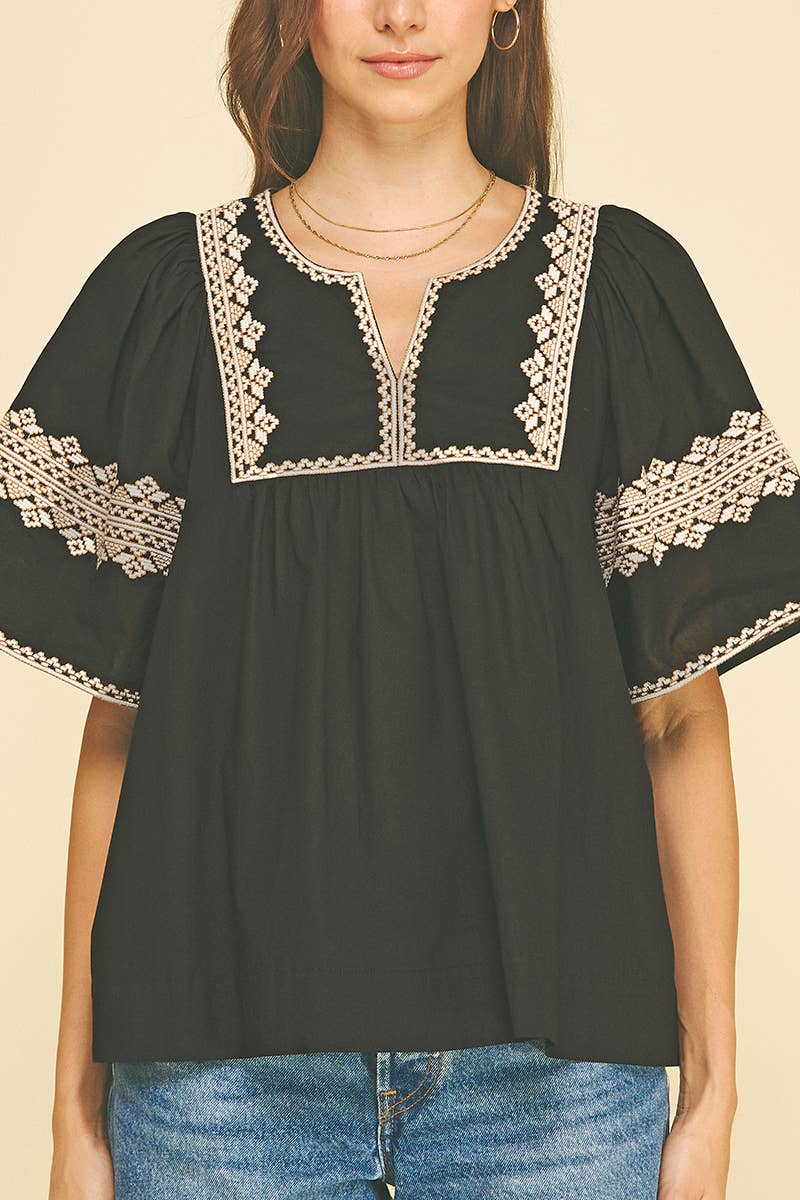BOHO EMBROIDRED PUFF SLEEVE BLOUSE - 7132T: Blue / M