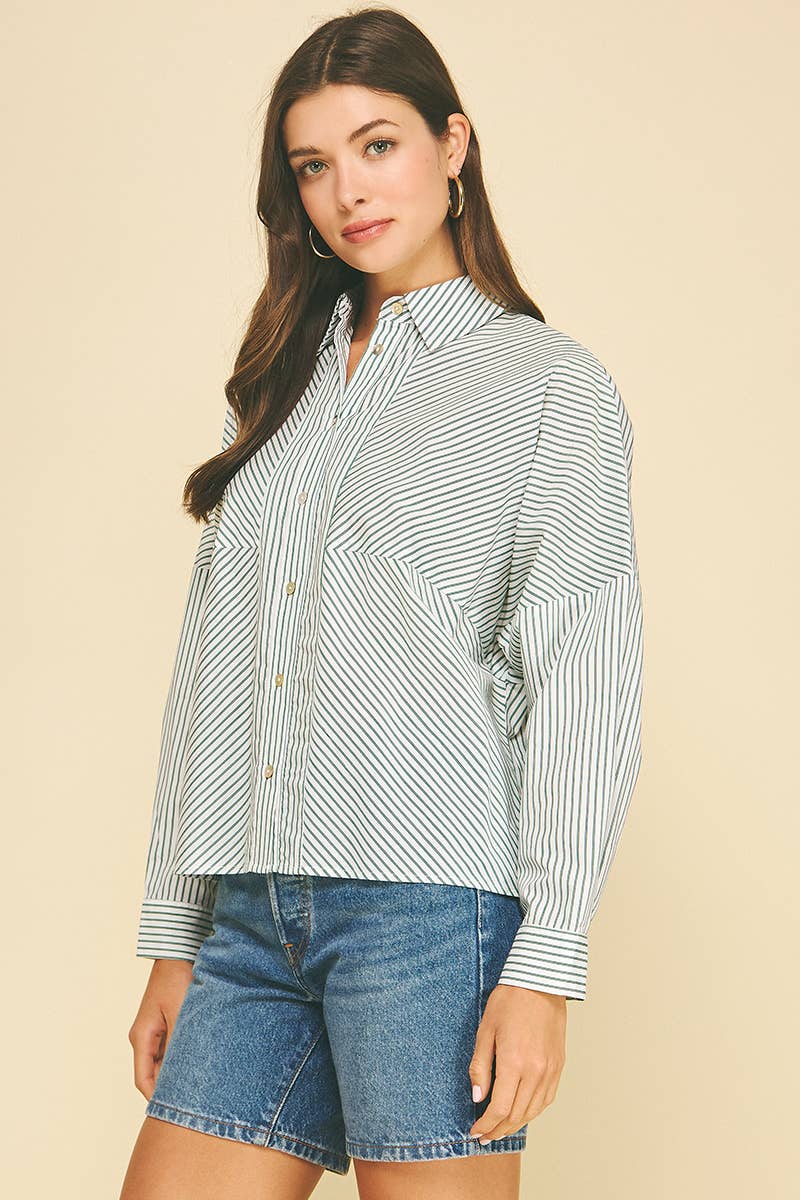 STRIPED BUTTON DOWN SHIRT WITH BLOCKING DETAIL - 6697T: Green / L