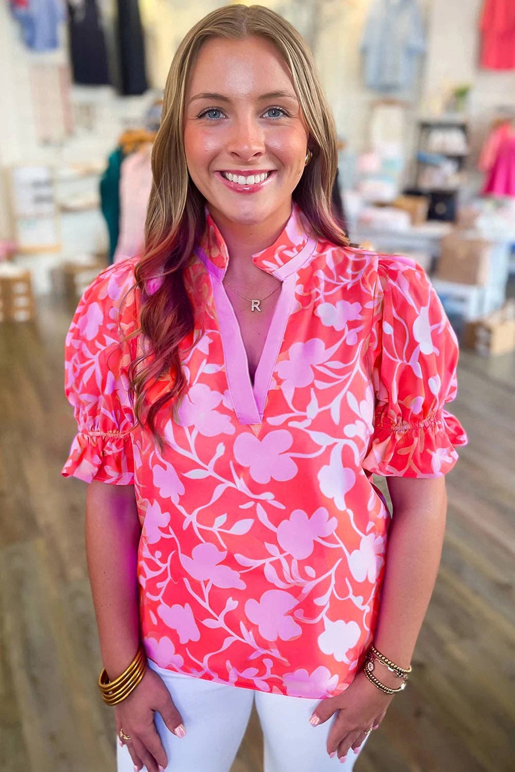 Red Floral Split V Neck Ruffled Short Sleeve Blouse Top: Red / 100%Polyester / S