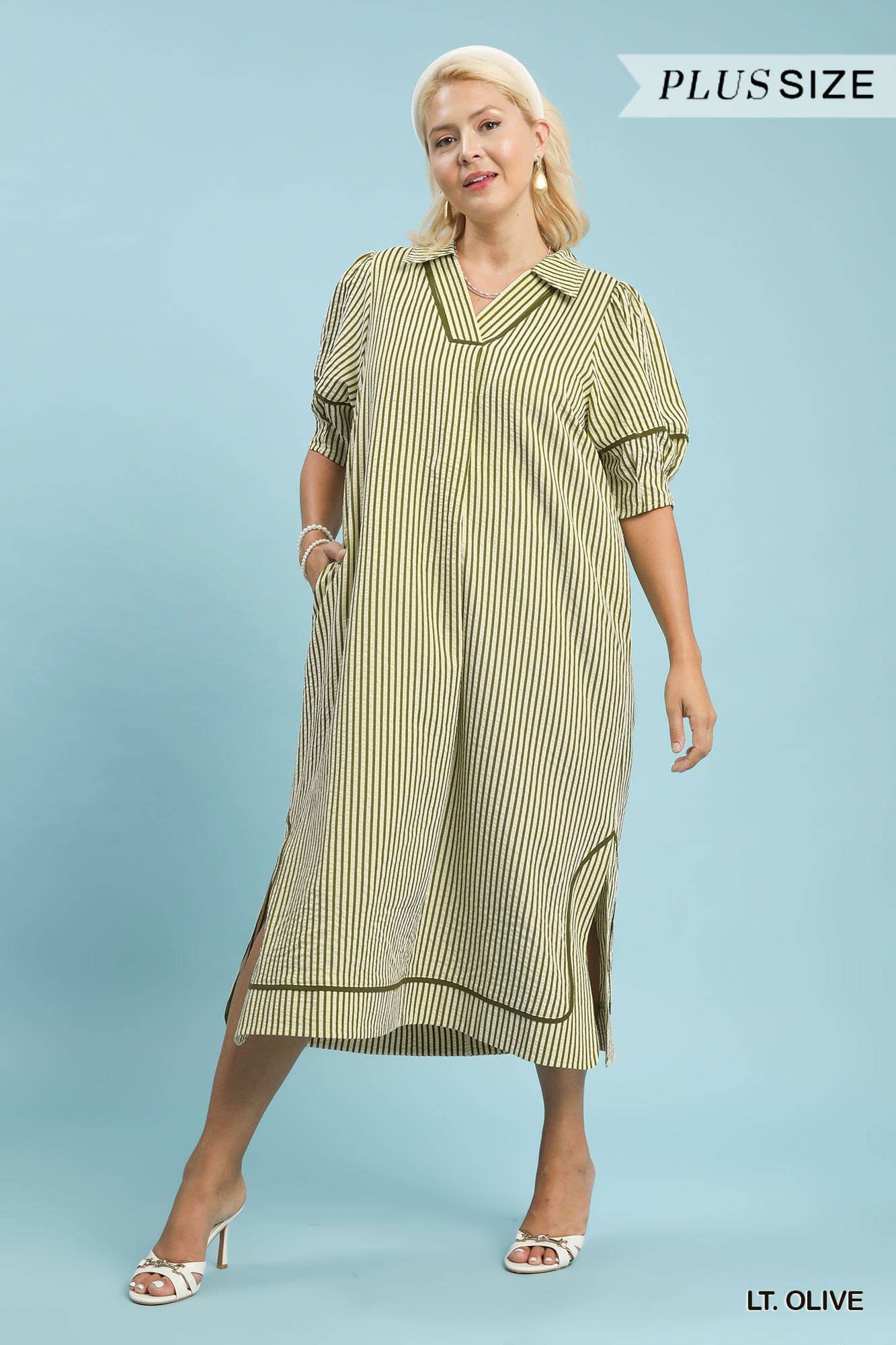 Plus Striped Midi Dress With Puff Sleeves: LT OLIVE / 1-1-1(XL-1XL-2XL)