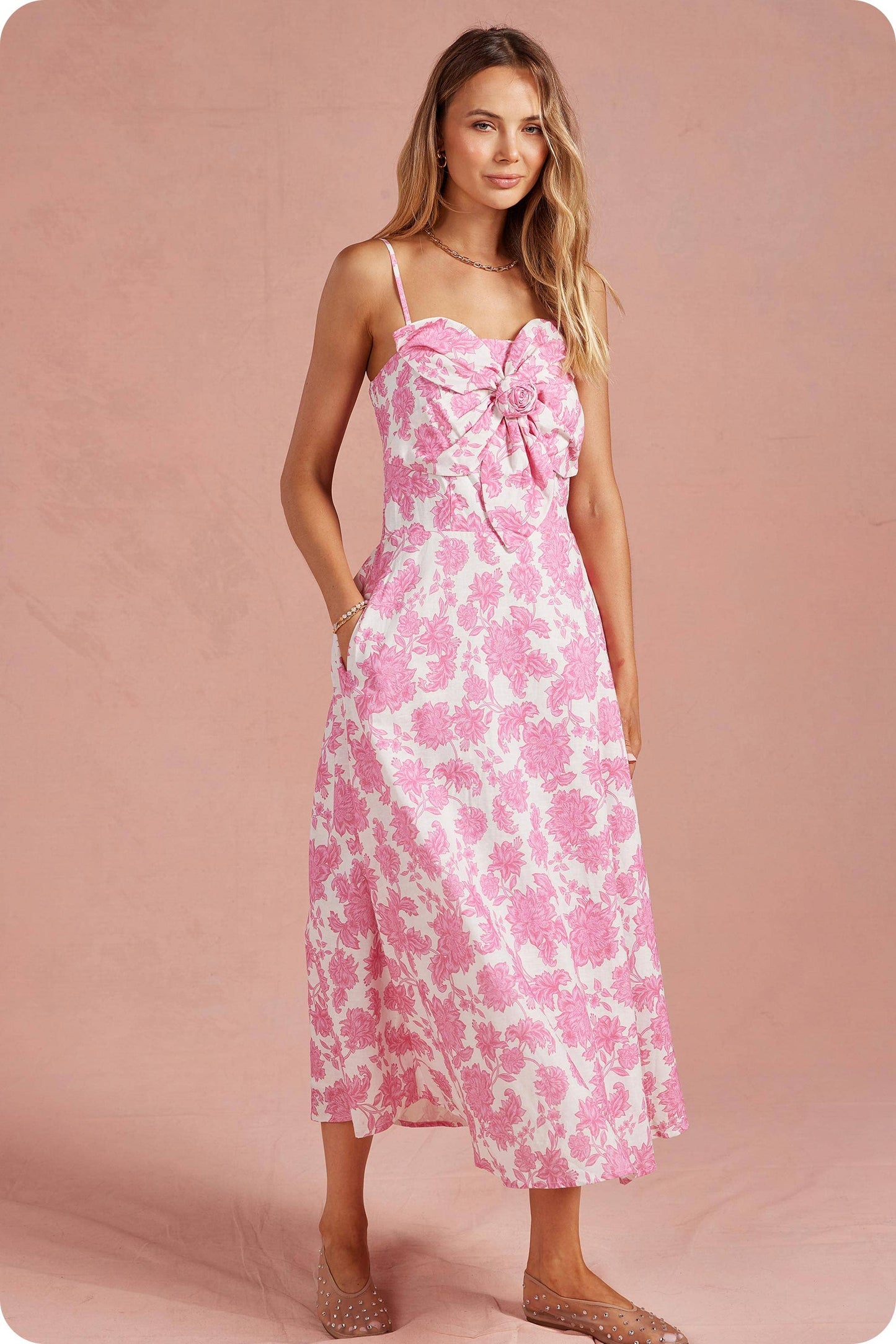 Botanical Garden Bow Flower Sleeveless Midi Dress: Pink/white / L