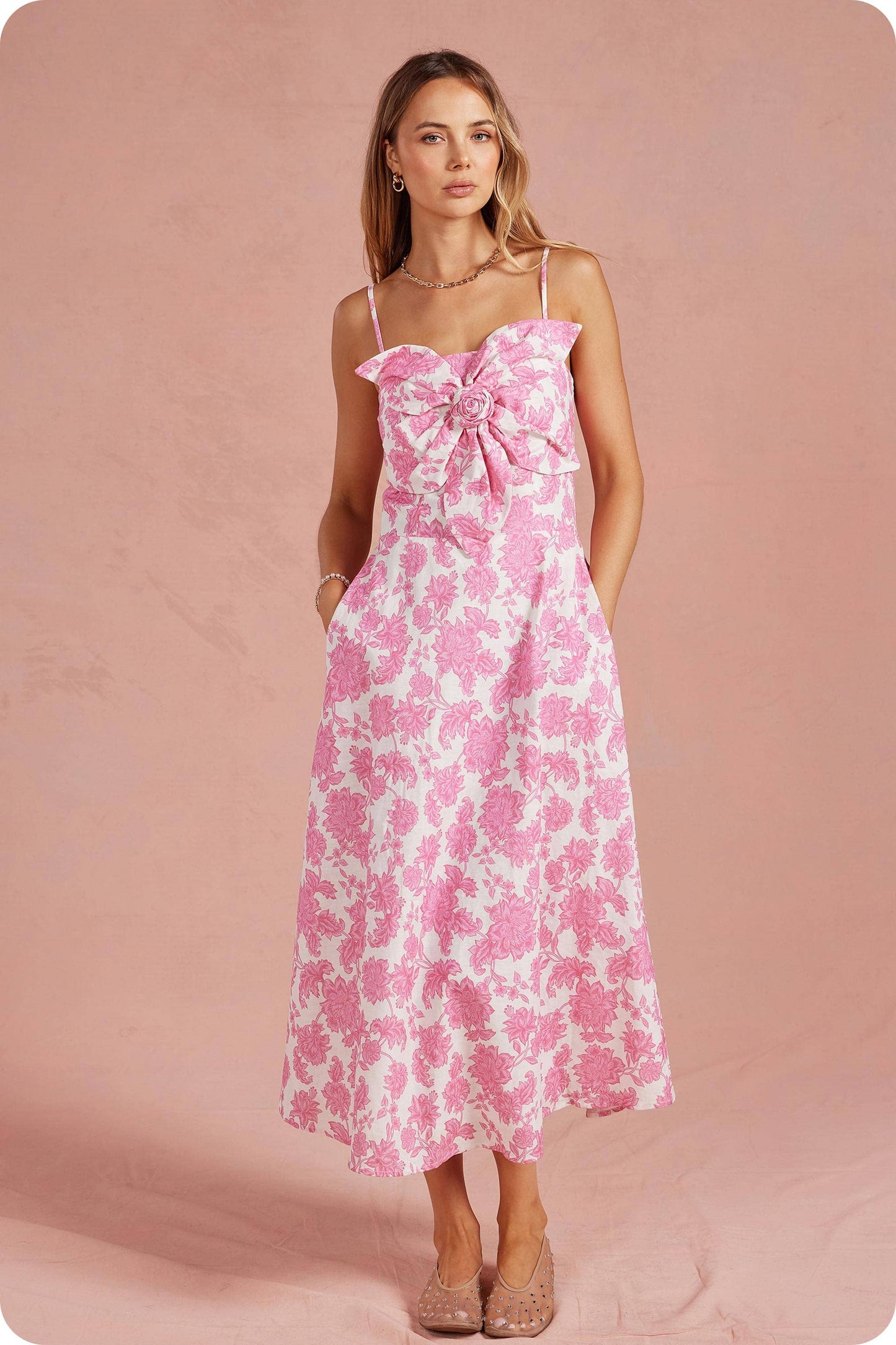 Botanical Garden Bow Flower Sleeveless Midi Dress: Pink/white / S