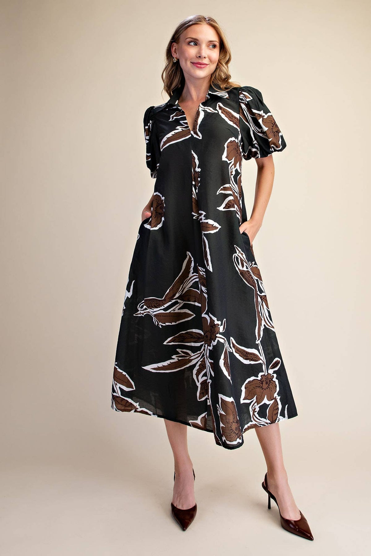 Fall/Winter Print Puff Sleeve Midi Dress : Rust / M